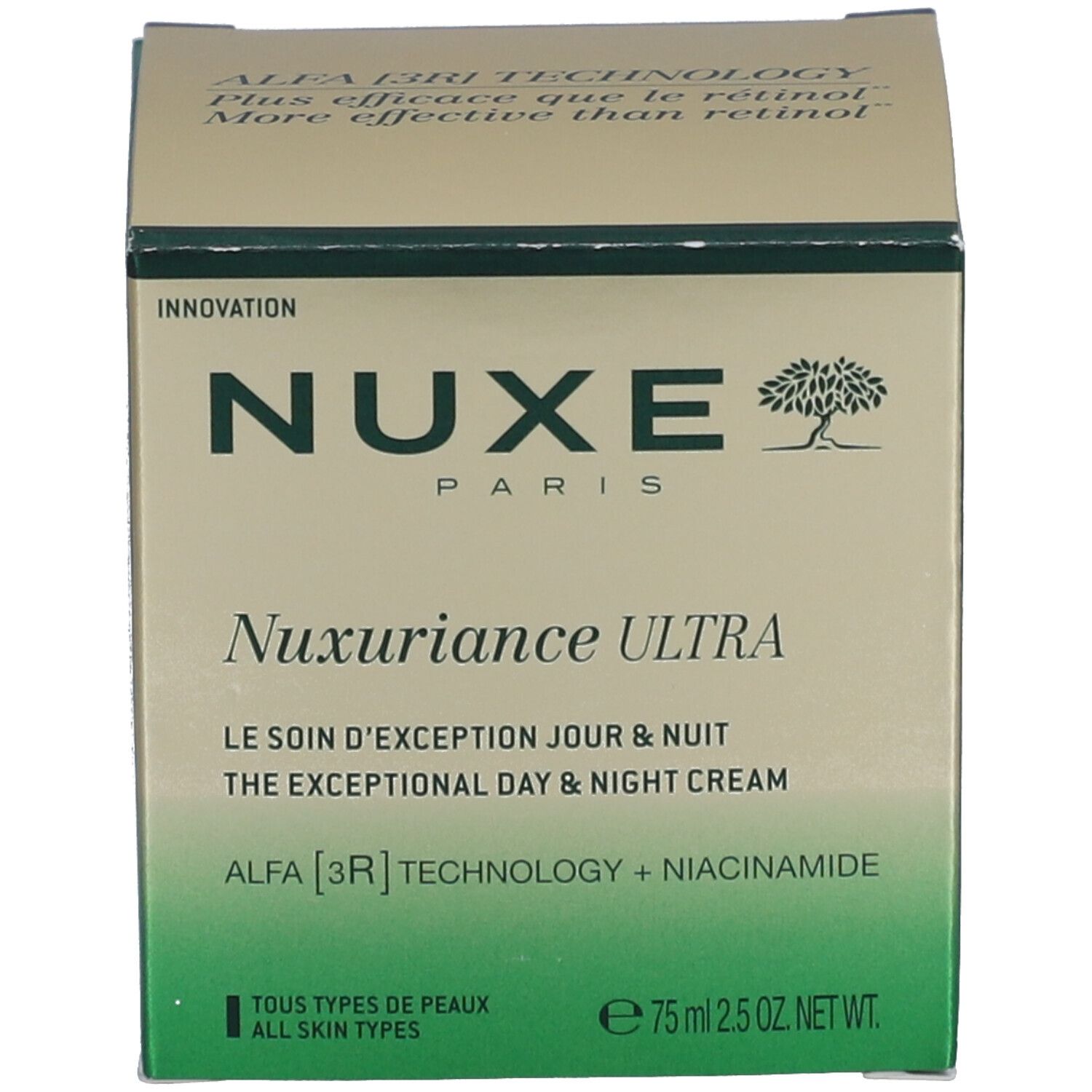 Confezione del prodotto, scatola. Scritta NUXE PARIS e Nuxuriance ULTRA. Sfumatura verde-oro. Testo in inglese e francese.