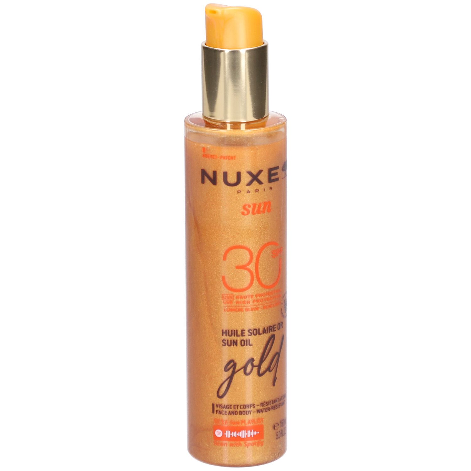 Olio solare dorato SPF30. Flacone con dosatore a pompa. Scritta: Nuxe Sun, Gold.