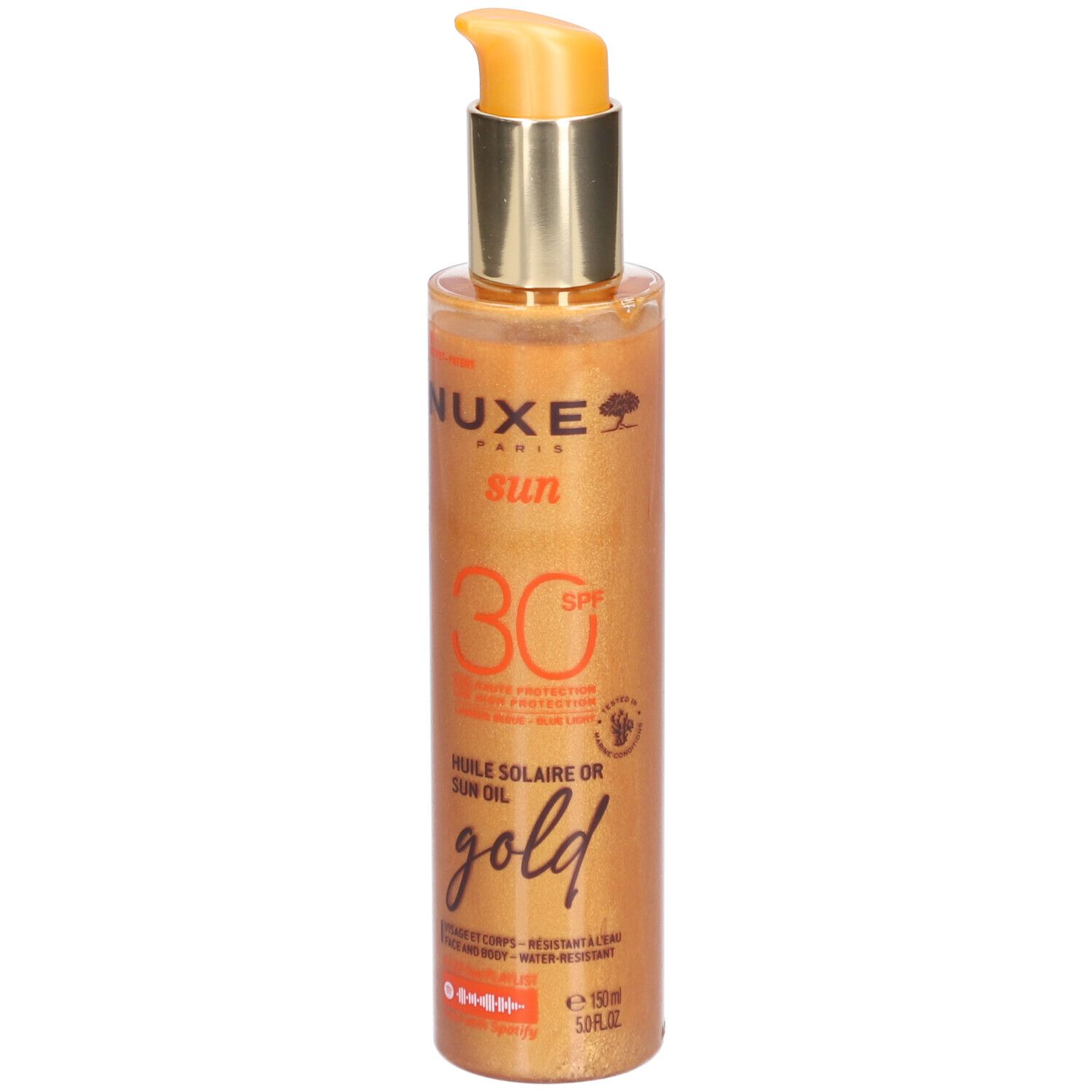 Olio solare dorato SPF30. Flacone con dosatore a pompa. Scritta: Nuxe Sun, Gold, 150ml.