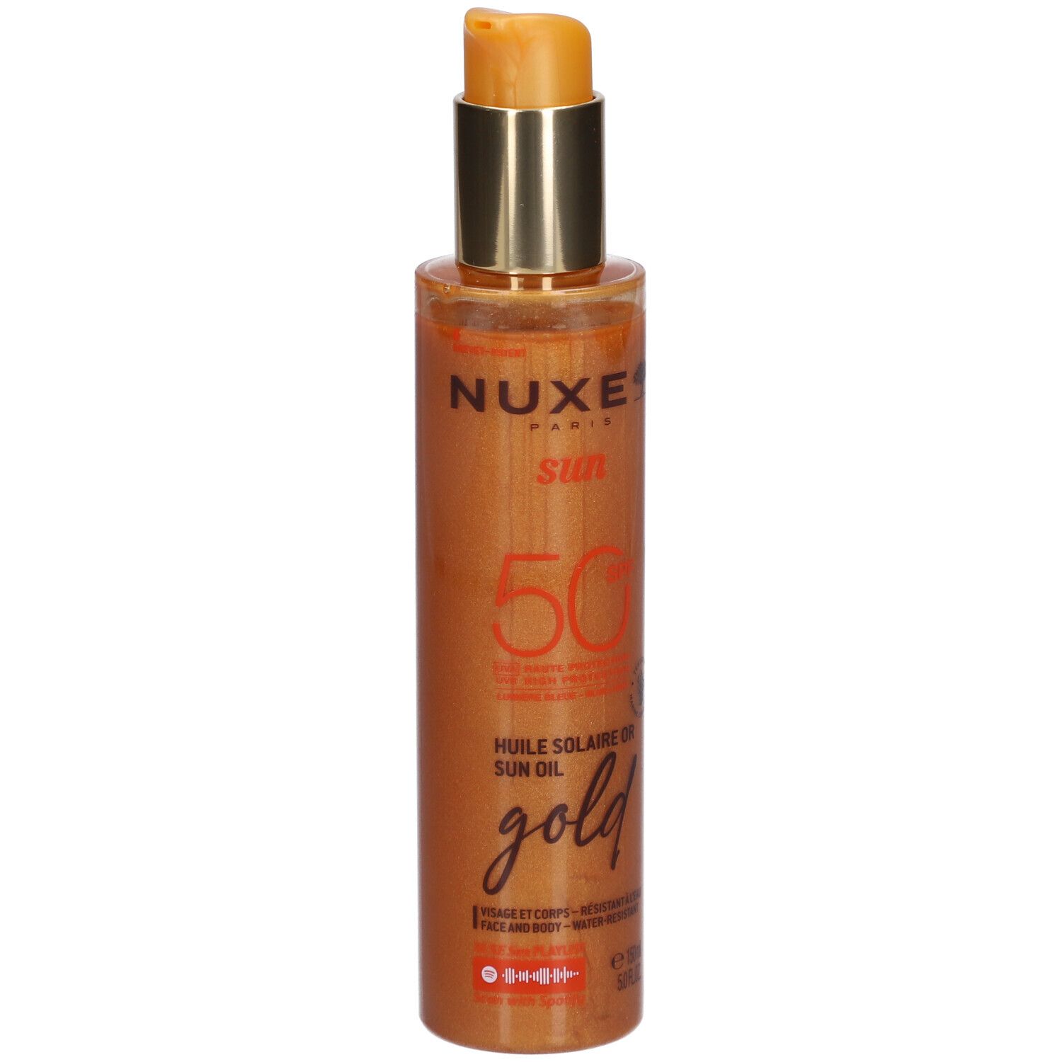 Flacone di olio abbronzante dorato. Scritta: Nuxe Sun, SPF 50, Gold. Con erogatore a pompa.