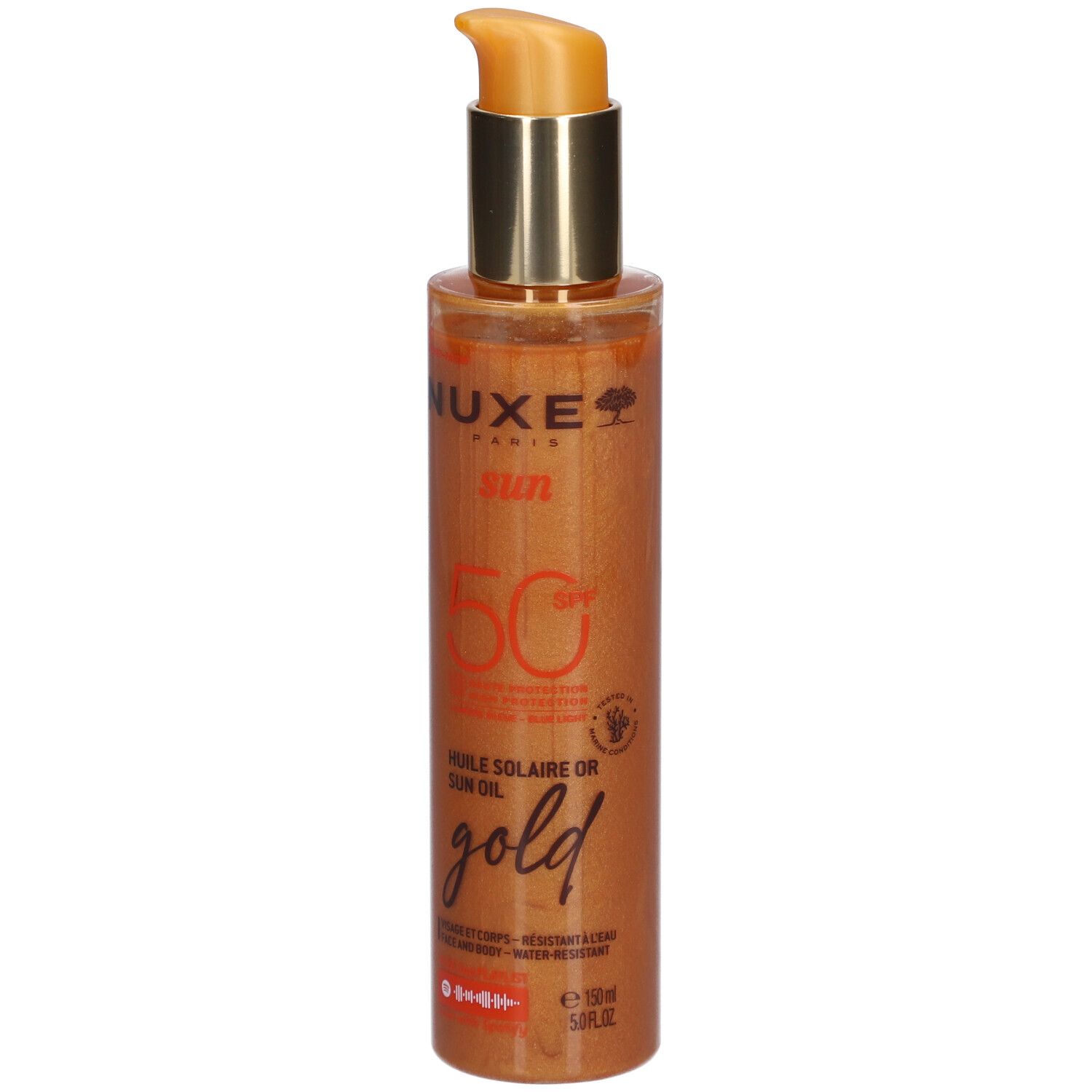 Flacone di olio abbronzante dorato. Scritta: Nuxe Sun, SPF 50, Gold. Con erogatore a pompa.