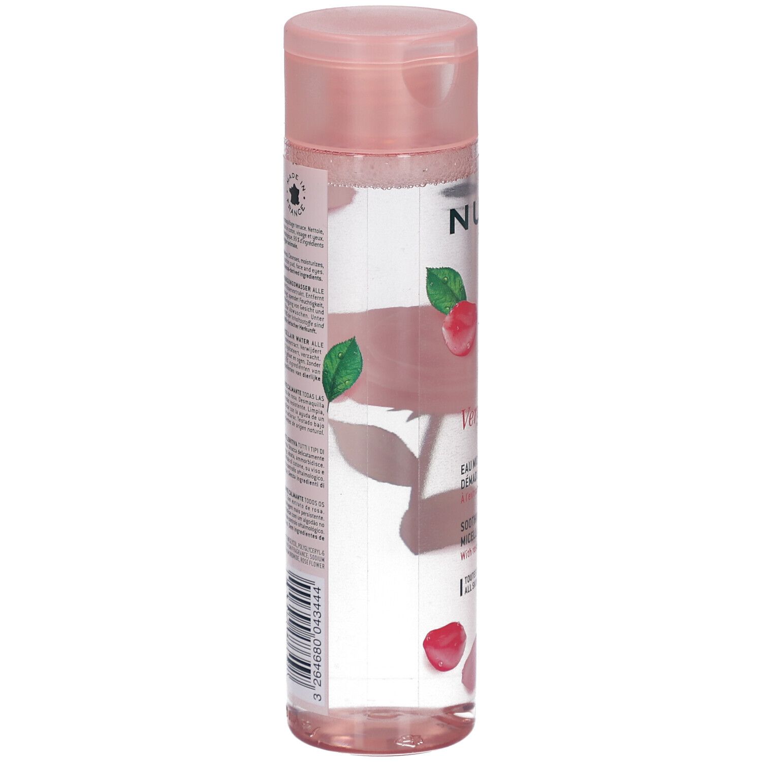 Flacone cilindrico rosa. Retro con testo. Illustrazioni di rose. Liquido trasparente visibile.