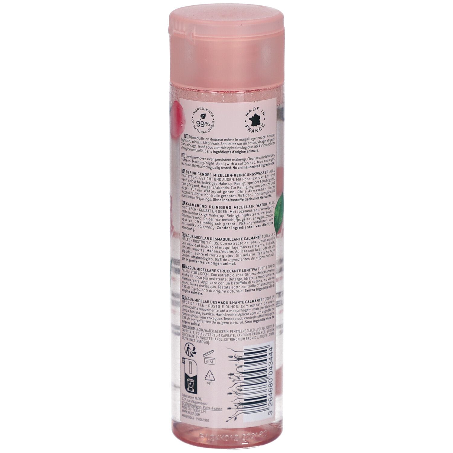 Flacone cilindrico rosa. Retro con testo. Illustrazioni di rose. Liquido trasparente visibile.