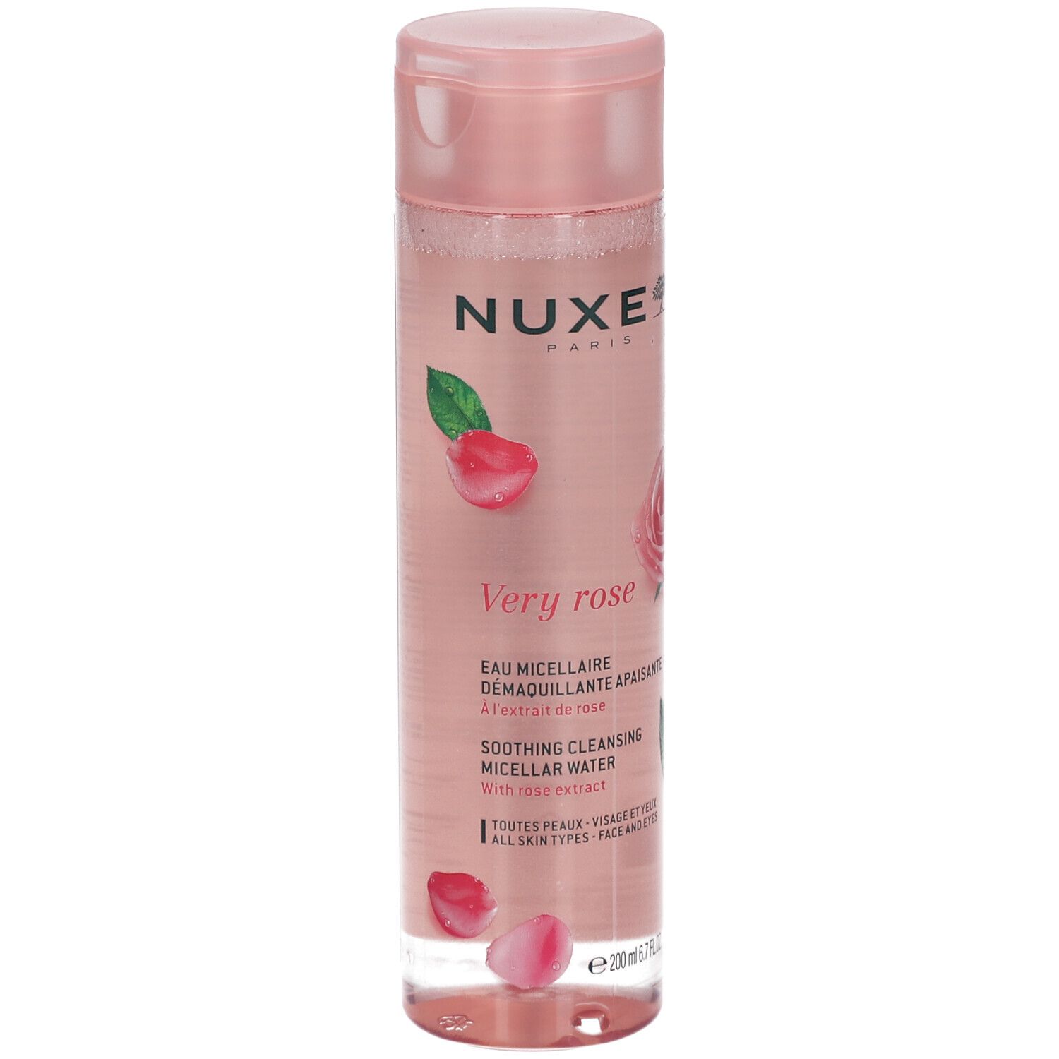 Flacone cilindrico rosa. Scritte: Nuxe Paris, Very Rose, Eau Micellaire. Illustrazioni di rose.