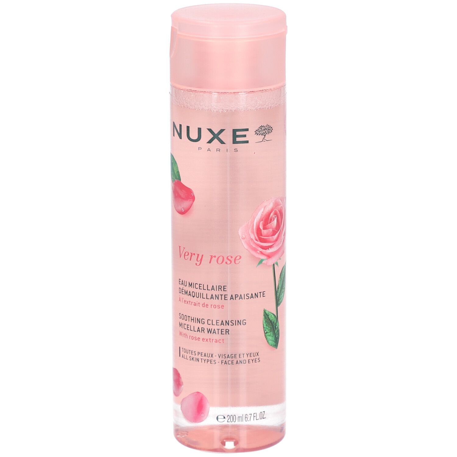 Flacone cilindrico rosa. Scritte: Nuxe Paris, Very Rose, Eau Micellaire. Illustrazioni di rose.