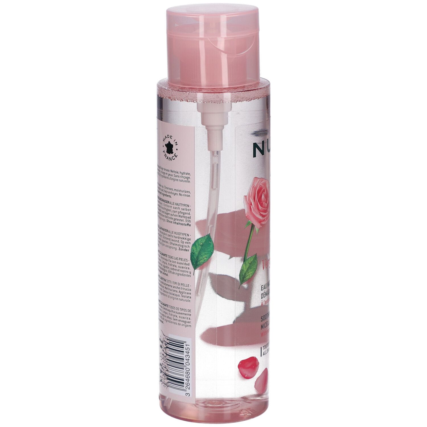 Retro del flacone Nuxe Very Rose. Acqua micellare struccante lenitiva. Testo: Soothing Cleansing Micellar Water. Con estratto di rosa.
