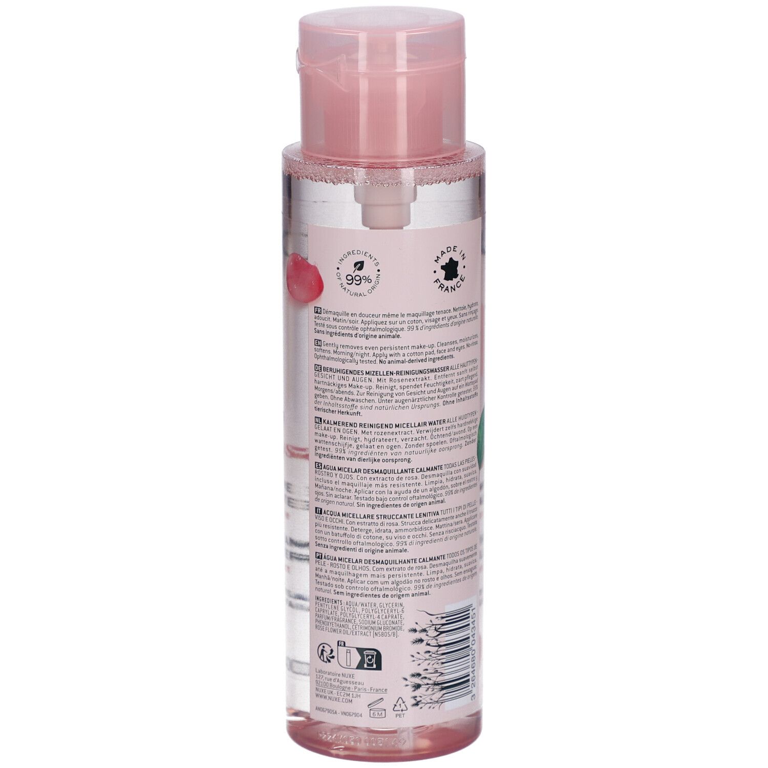 Retro flacone Nuxe Very Rose. 99% ingredienti di origine naturale. Acqua micellare struccante lenitiva. Con estratto di rosa.