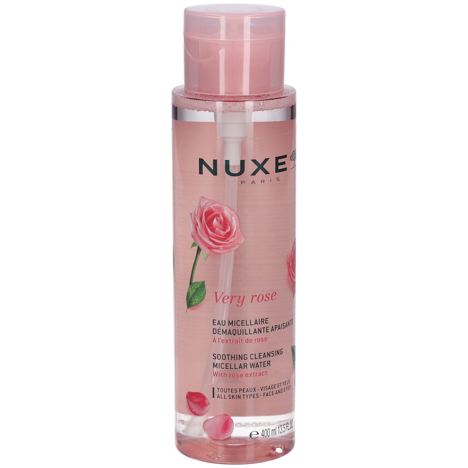 Flacone rosa Nuxe Very Rose. Acqua micellare struccante lenitiva. Testo: Soothing Cleansing Micellar Water. Con estratto di rosa.