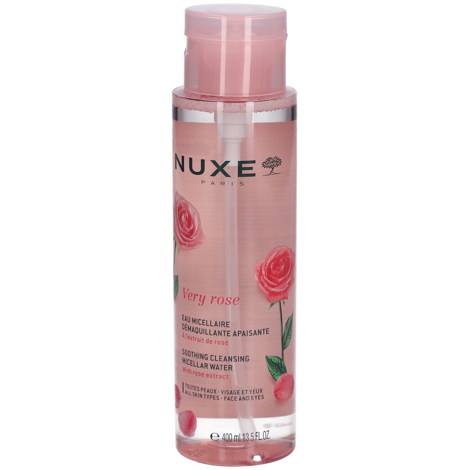 Flacone rosa Nuxe Very Rose. Acqua micellare struccante lenitiva. Testo: Soothing Cleansing Micellar Water. Con estratto di rosa.