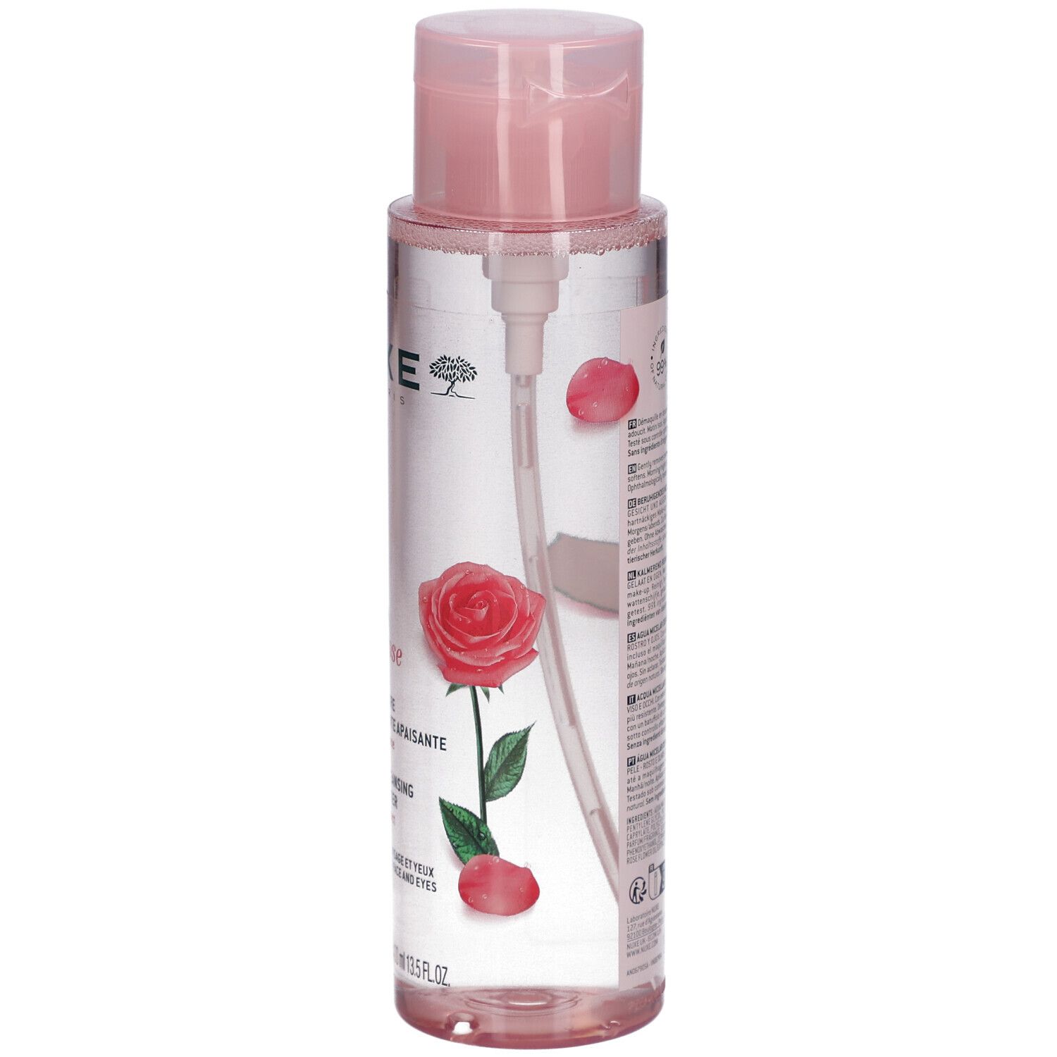 Flacone rosa Nuxe Very Rose. Acqua micellare struccante lenitiva. Testo: Soothing Cleansing Micellar Water. Con estratto di rosa.