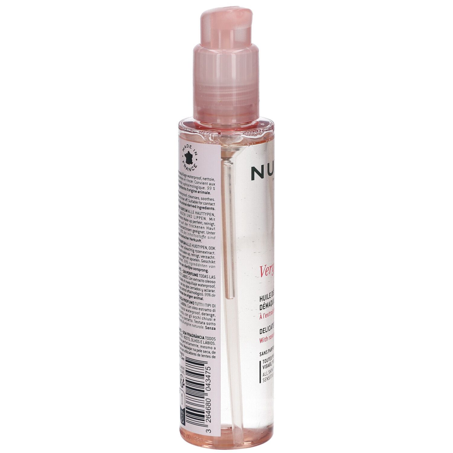 Retro del flacone di olio detergente NUXE Very Rose con etichetta e codice a barre.