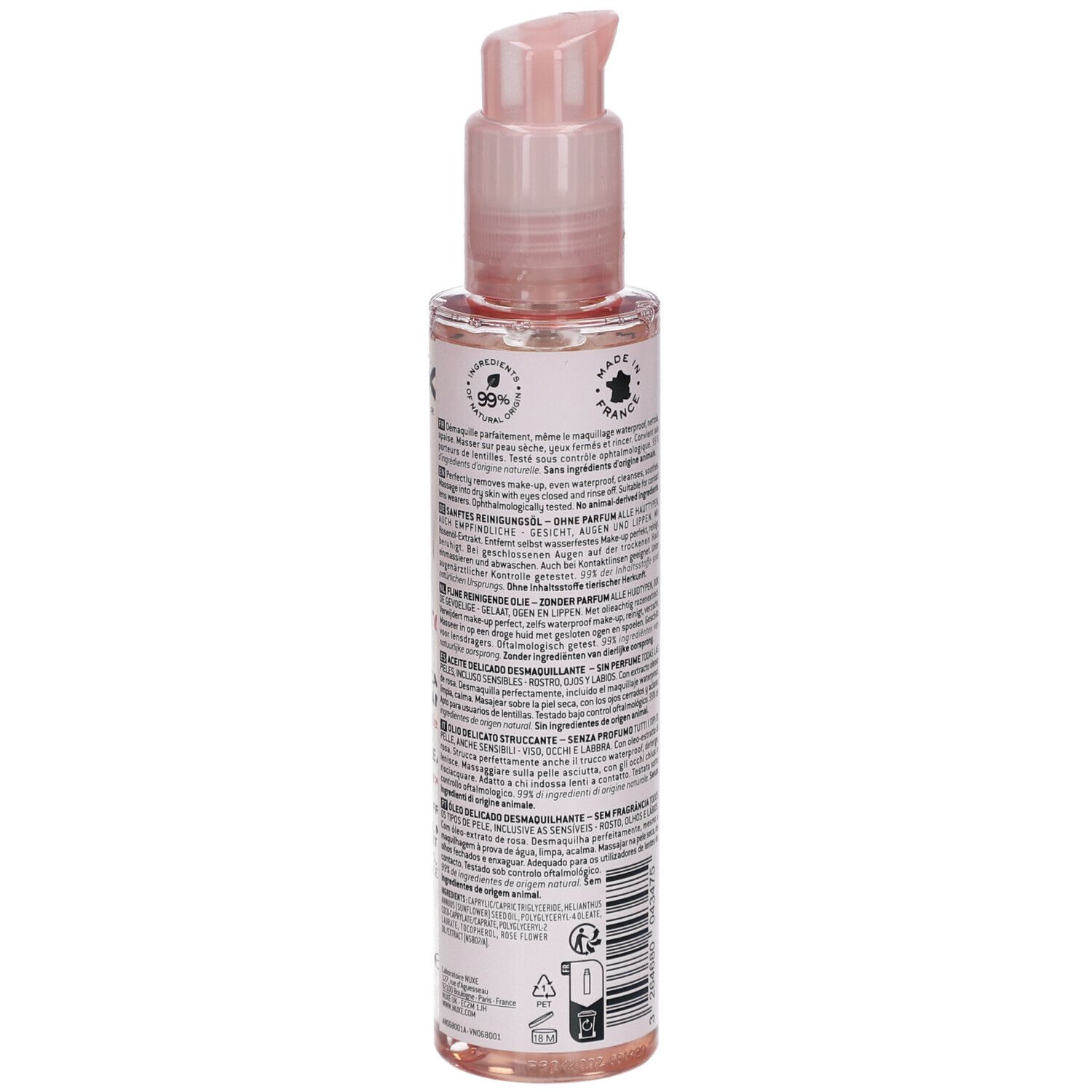 Vista laterale del flacone di olio detergente NUXE Very Rose con etichetta dettagliata.