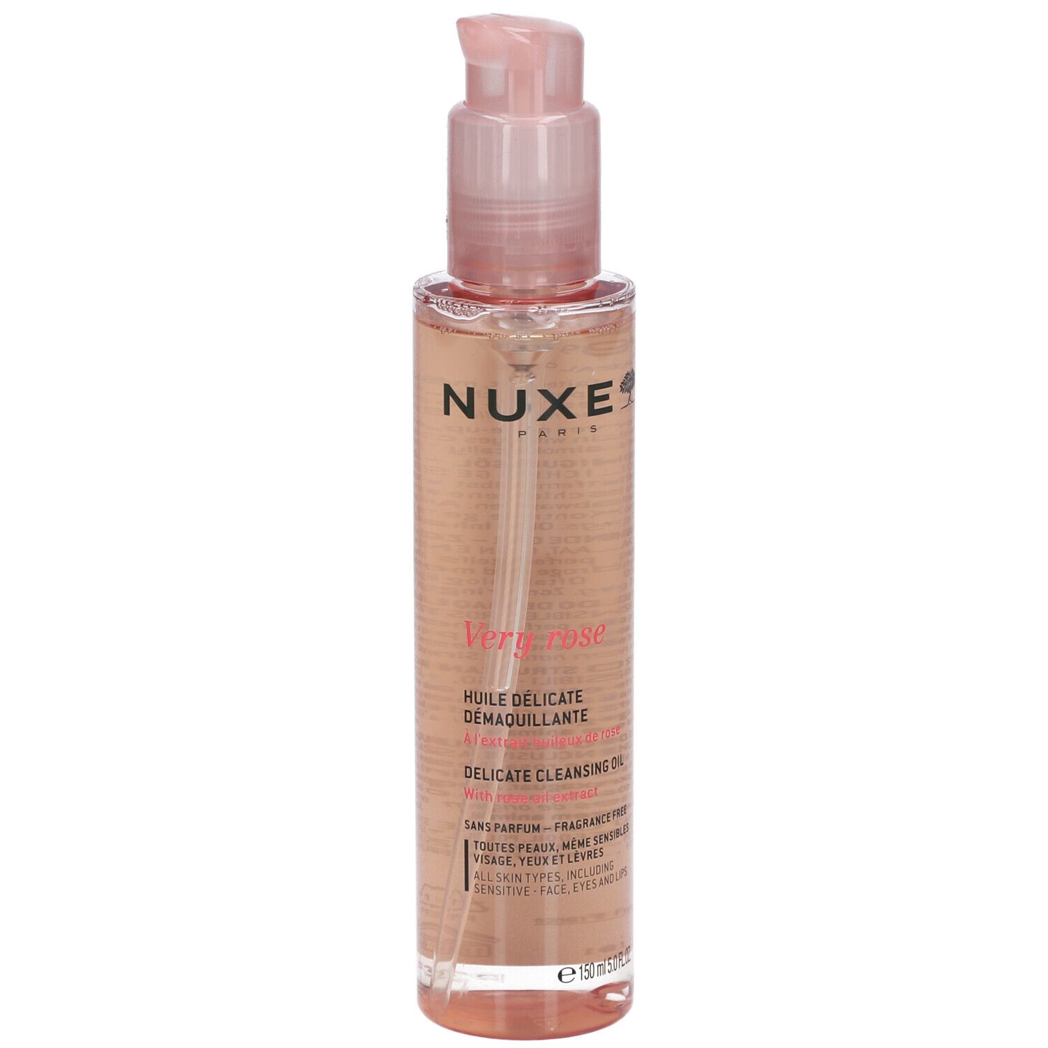 Olio detergente NUXE Very Rose in flacone trasparente con erogatore rosa.