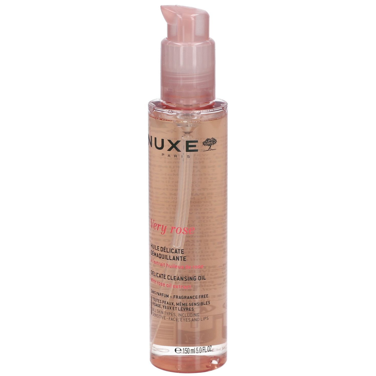 Olio detergente NUXE Very Rose in flacone trasparente con erogatore rosa.