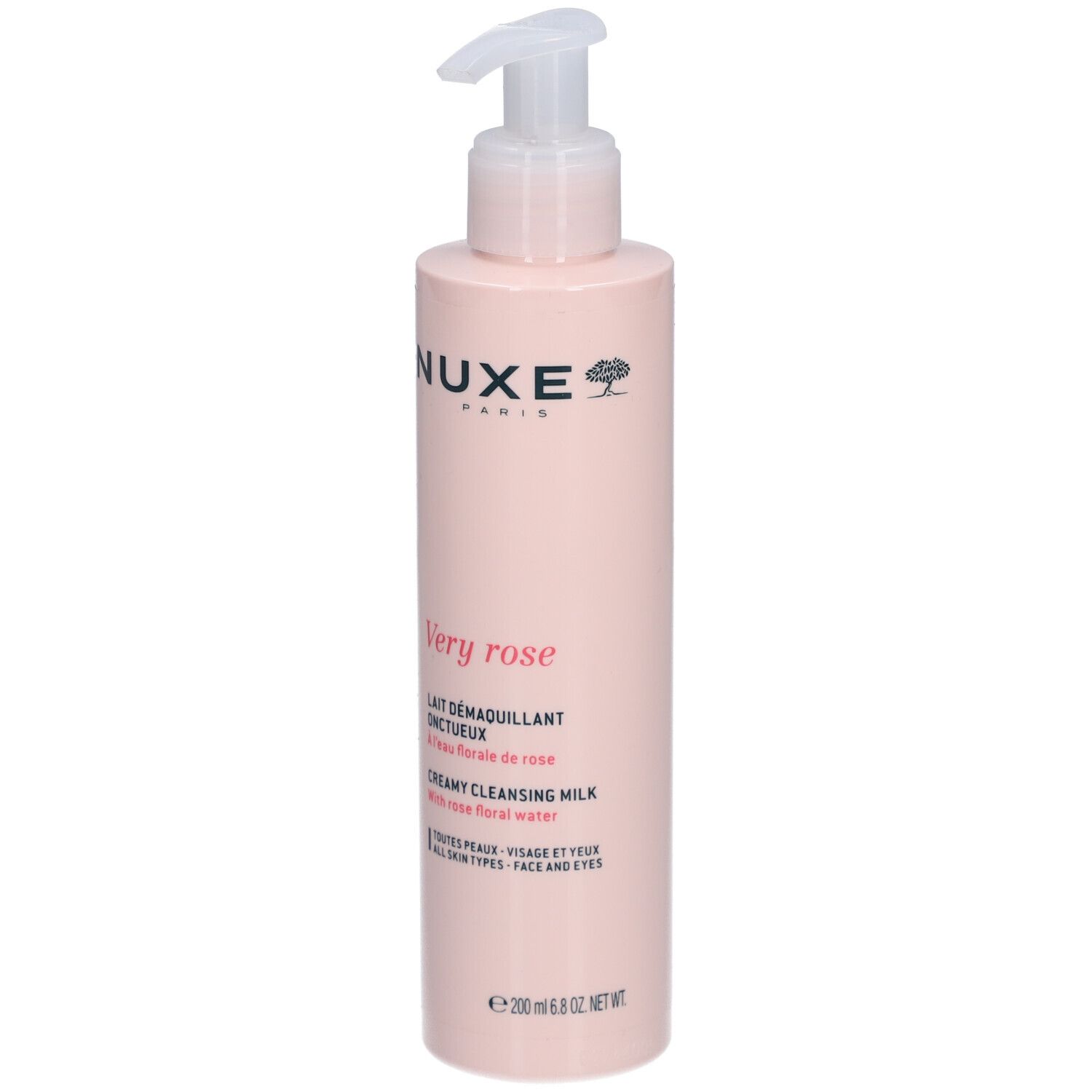 Flacone rosa con dosatore. Scritte: Nuxe, Very Rose, Latte Detergente. Per tutti i tipi di pelle.