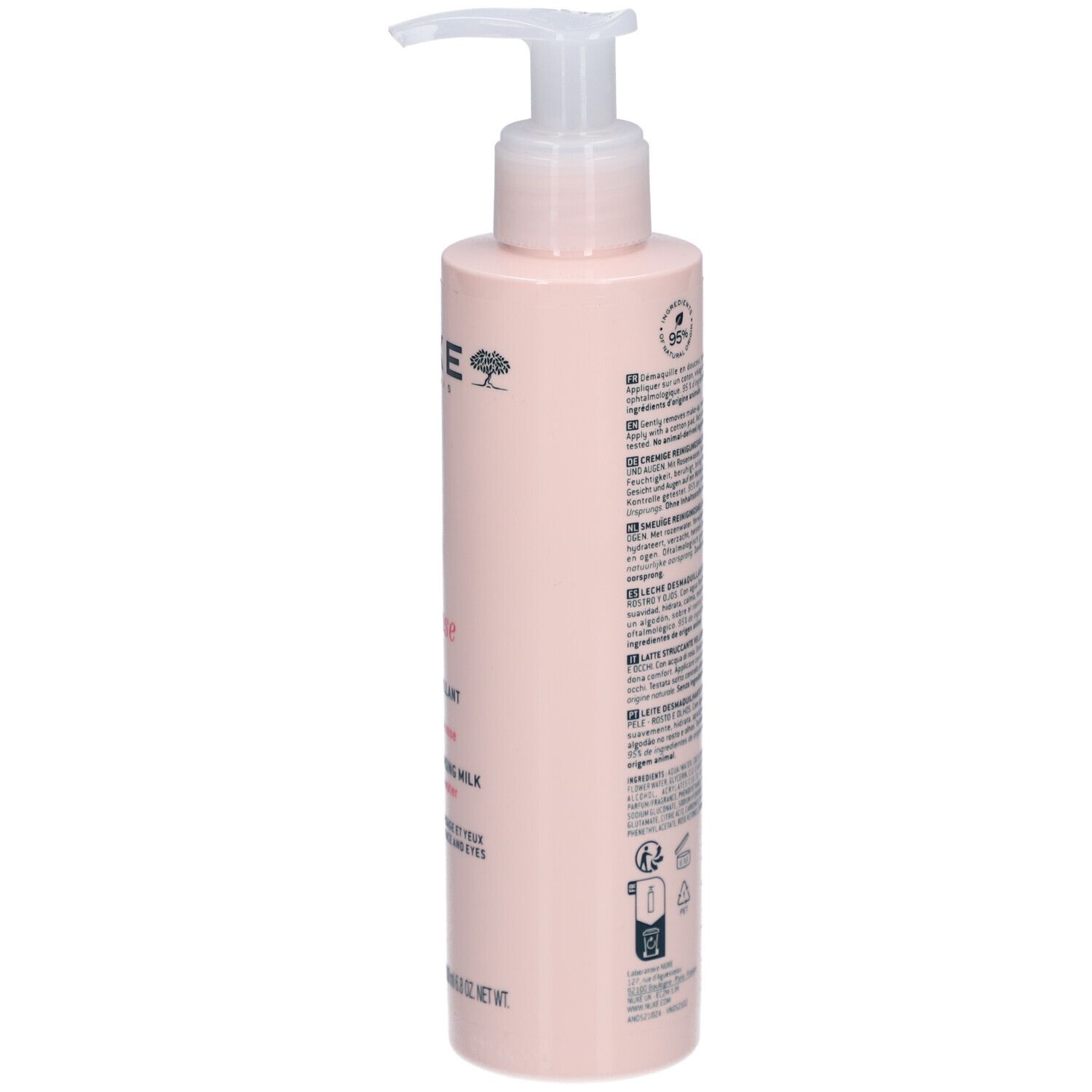 Flacone rosa con dosatore. Scritte: Nuxe, Very Rose. Retro con testo e logo.