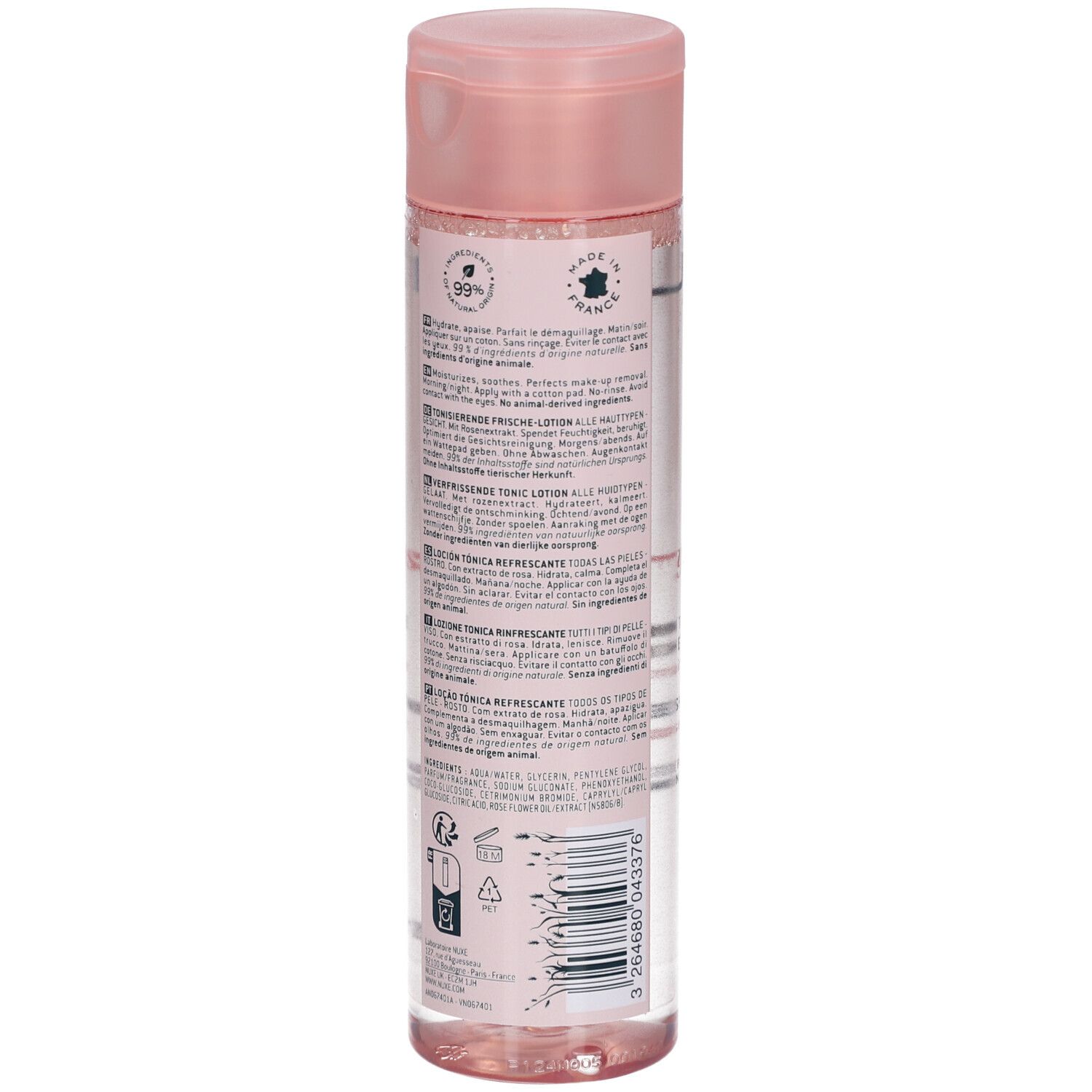 NUXE Very Rose Lotion. Flacone rosa con tappo rosa. Retro con testo e codice a barre. Prodotto per tutti i tipi di pelle.