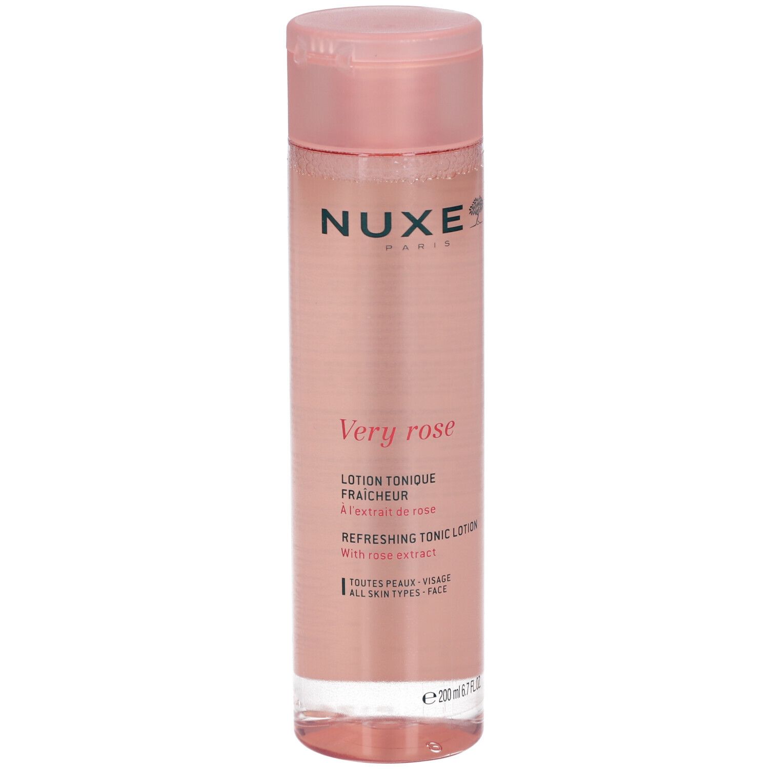 NUXE Very Rose Lotion. Flacone rosa con tappo rosa. Testo: Very rose, Lotion Tonique Fraicheur, Refreshing Tonic Lotion. Per tutti i tipi di pelle.