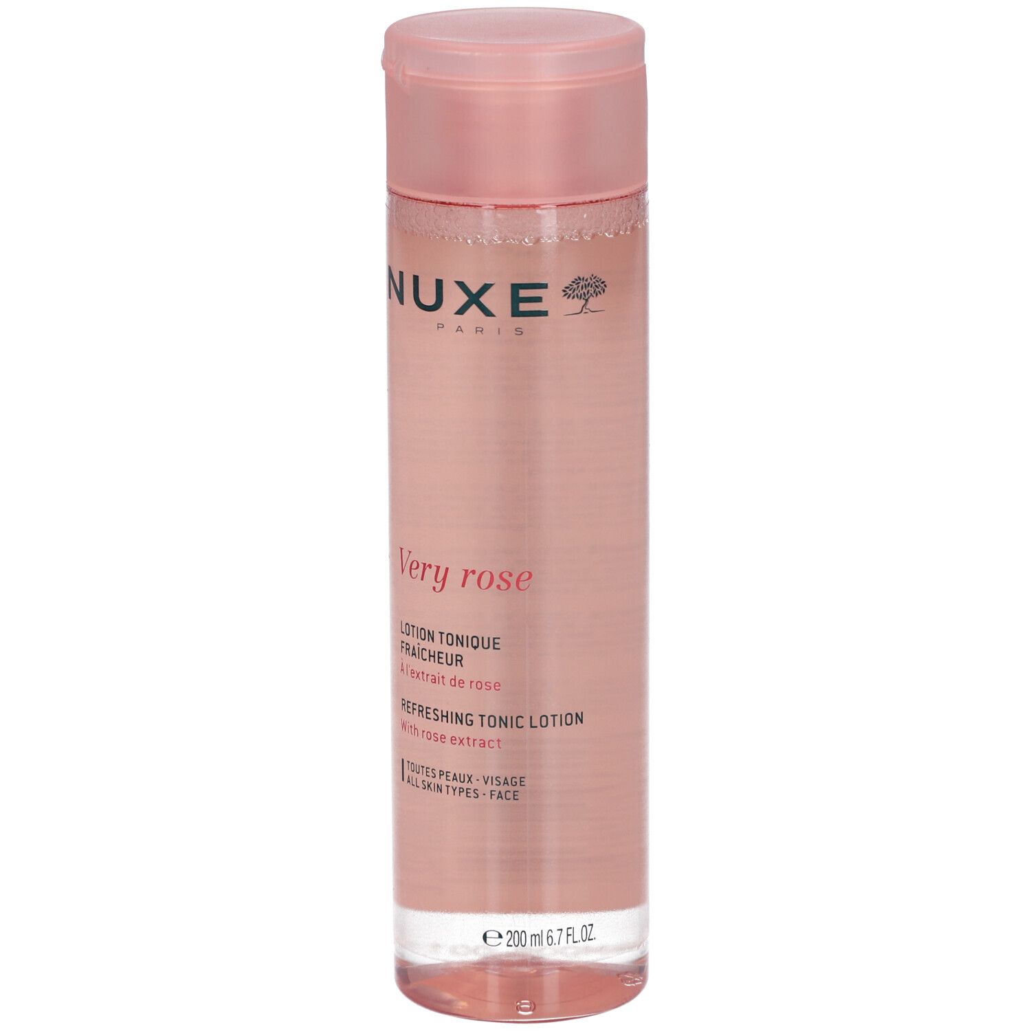 NUXE Very Rose Lotion. Flacone rosa con tappo rosa. Testo: Very rose, Lotion Tonique Fraicheur, Refreshing Tonic Lotion. Per tutti i tipi di pelle.