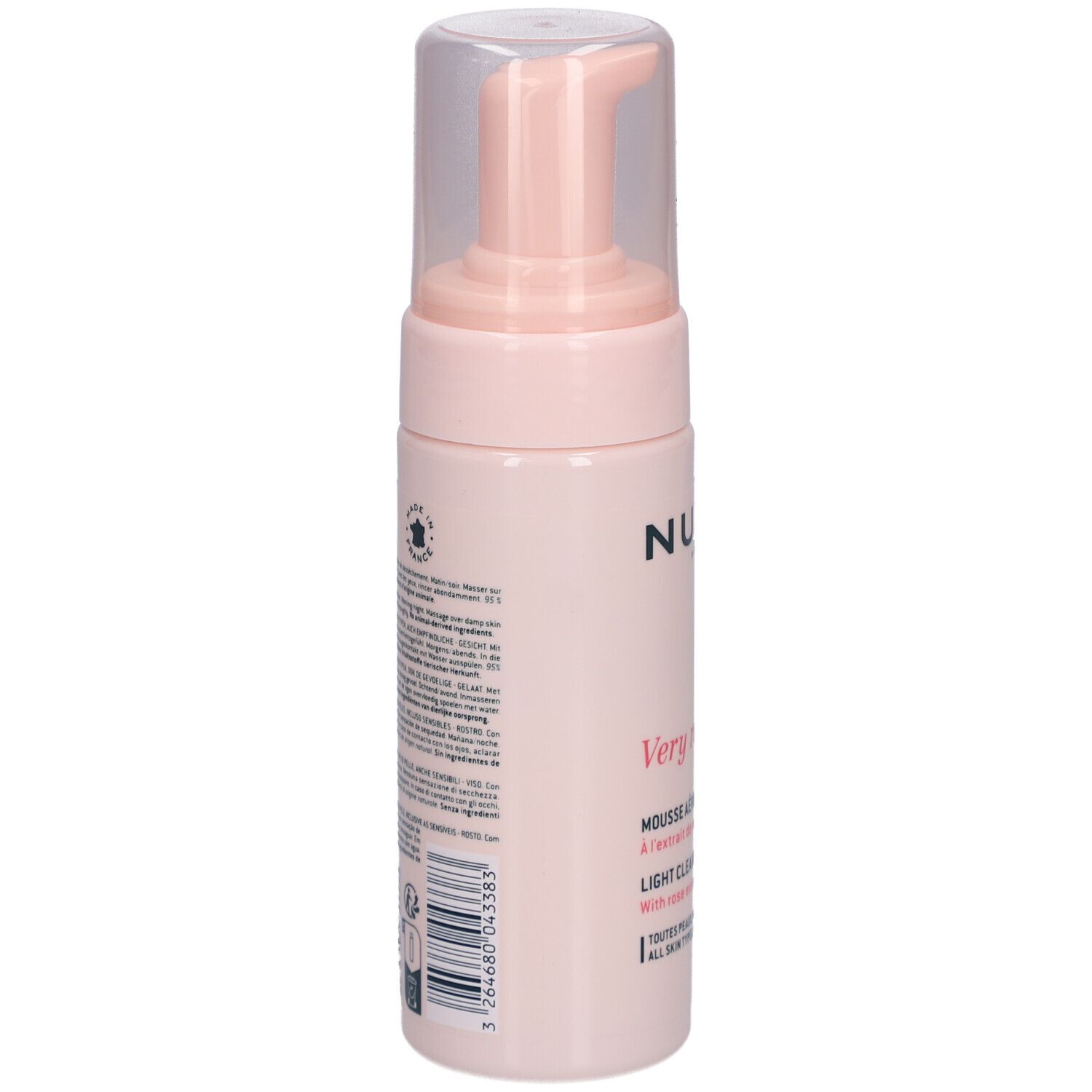 Retro del flacone rosa con testo. Scritte: NUXE Paris, Very rose, Light Cleansing Foam. Codice a barre.