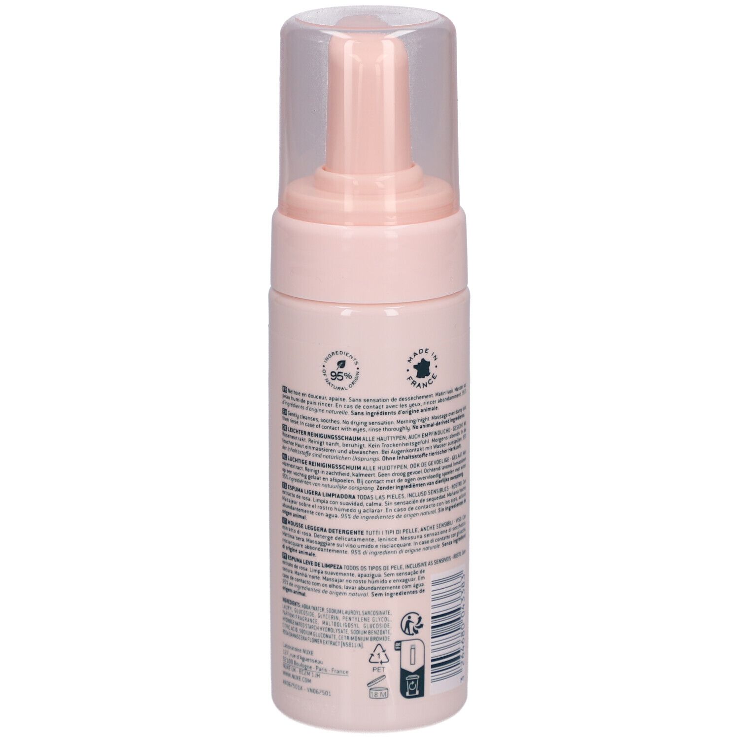 Retro del flacone rosa con testo. Scritte: NUXE Paris, Very rose, Light Cleansing Foam. Codice a barre.