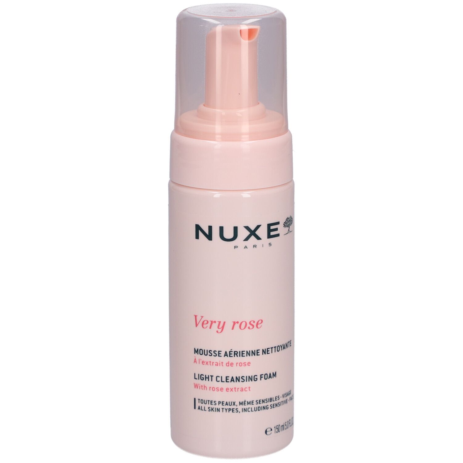 Flacone rosa con dosatore. Scritte: NUXE Paris, Very rose, Mousse aérienne nettoyante, Light Cleansing Foam.