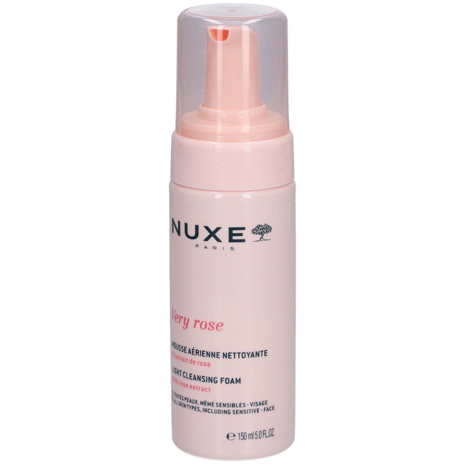 Flacone rosa con dosatore. Scritte: NUXE Paris, Very rose, Mousse aérienne nettoyante, Light Cleansing Foam.
