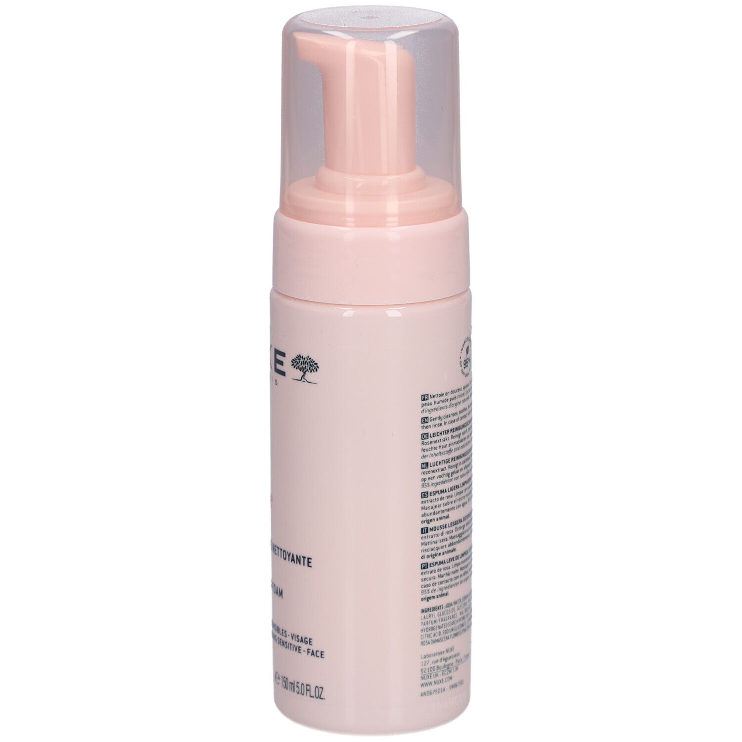 Lato del flacone rosa con testo. Scritte: NUXE Paris, Very rose, Mousse aérienne nettoyante, Light Cleansing Foam.