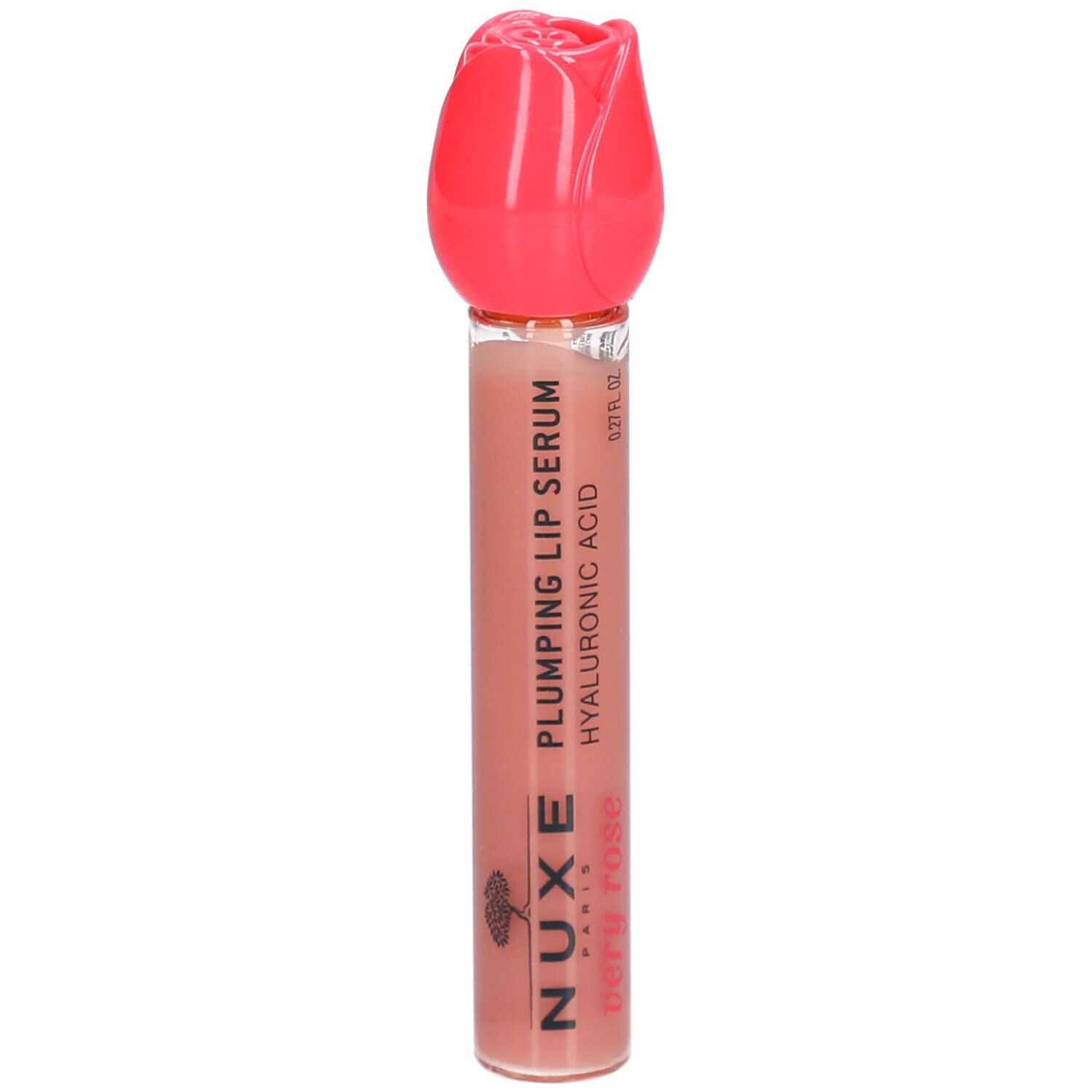 Siero labbra con tappo rosa a forma di rosa. Scritta: Nuxe Paris, Very Rose, Plumping Lip Serum, Hyaluronic Acid.