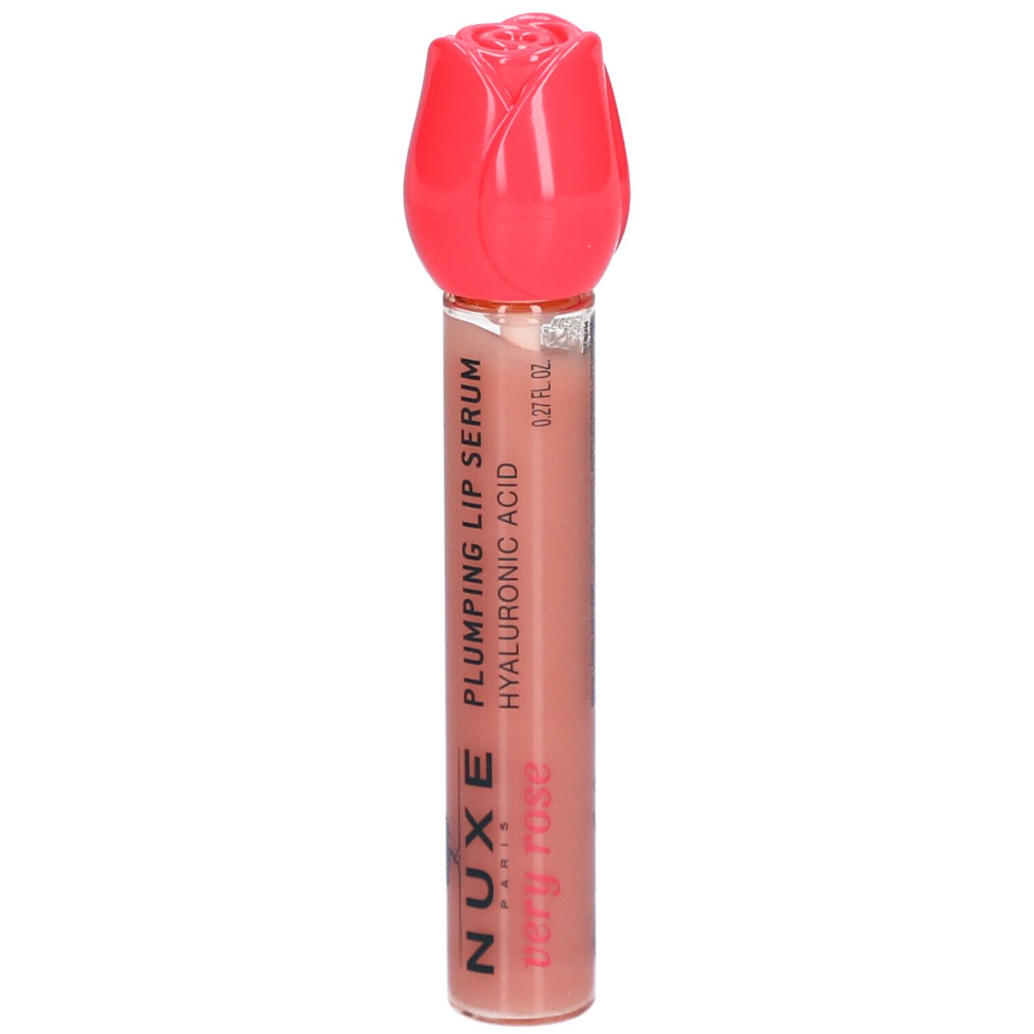 Siero labbra con tappo rosa a forma di rosa. Scritta: Nuxe Paris, Very Rose, Plumping Lip Serum, Hyaluronic Acid.