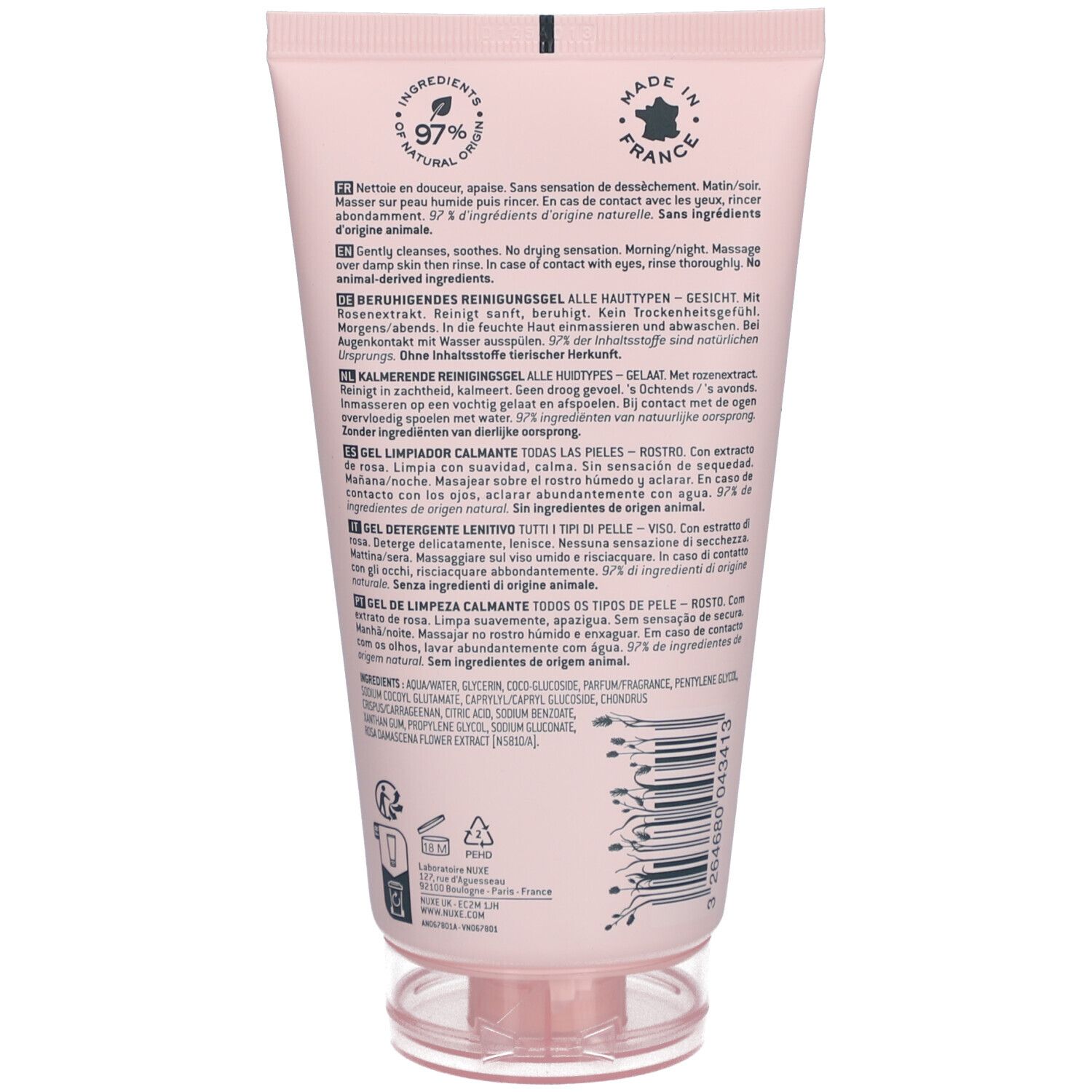 Retro del tubo rosa. Testo in più lingue, tra cui l'italiano. Contiene informazioni sugli ingredienti e l'origine.