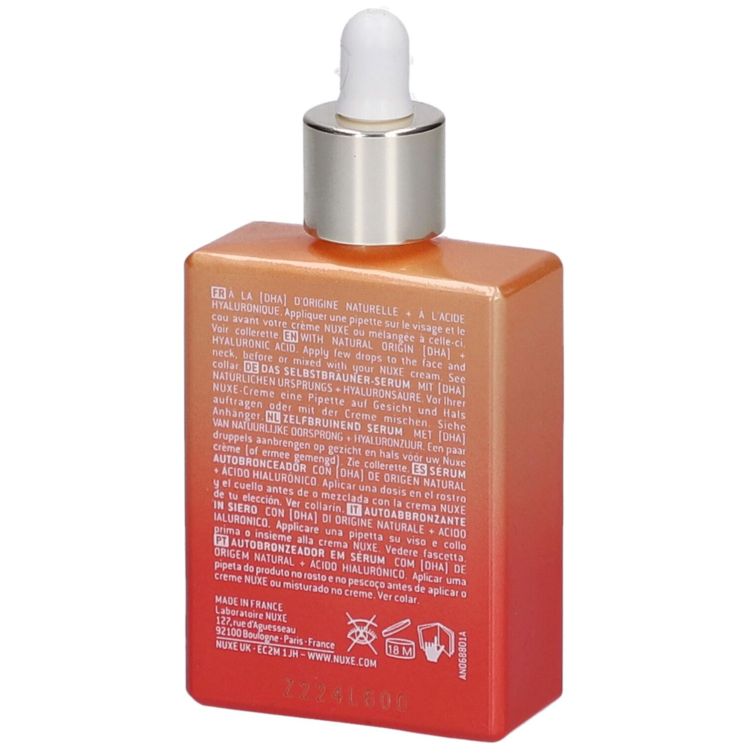 Siero autoabbronzante Nuxe Prodigieuse Boost. Retro del flacone con testo. Sfumatura arancione e rossa.