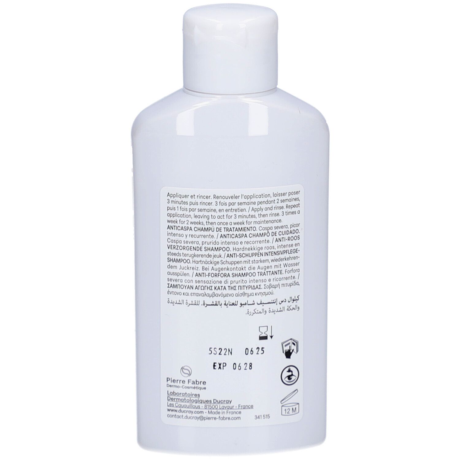 Flacone bianco di shampoo, retro con istruzioni per l'uso e informazioni sul produttore.