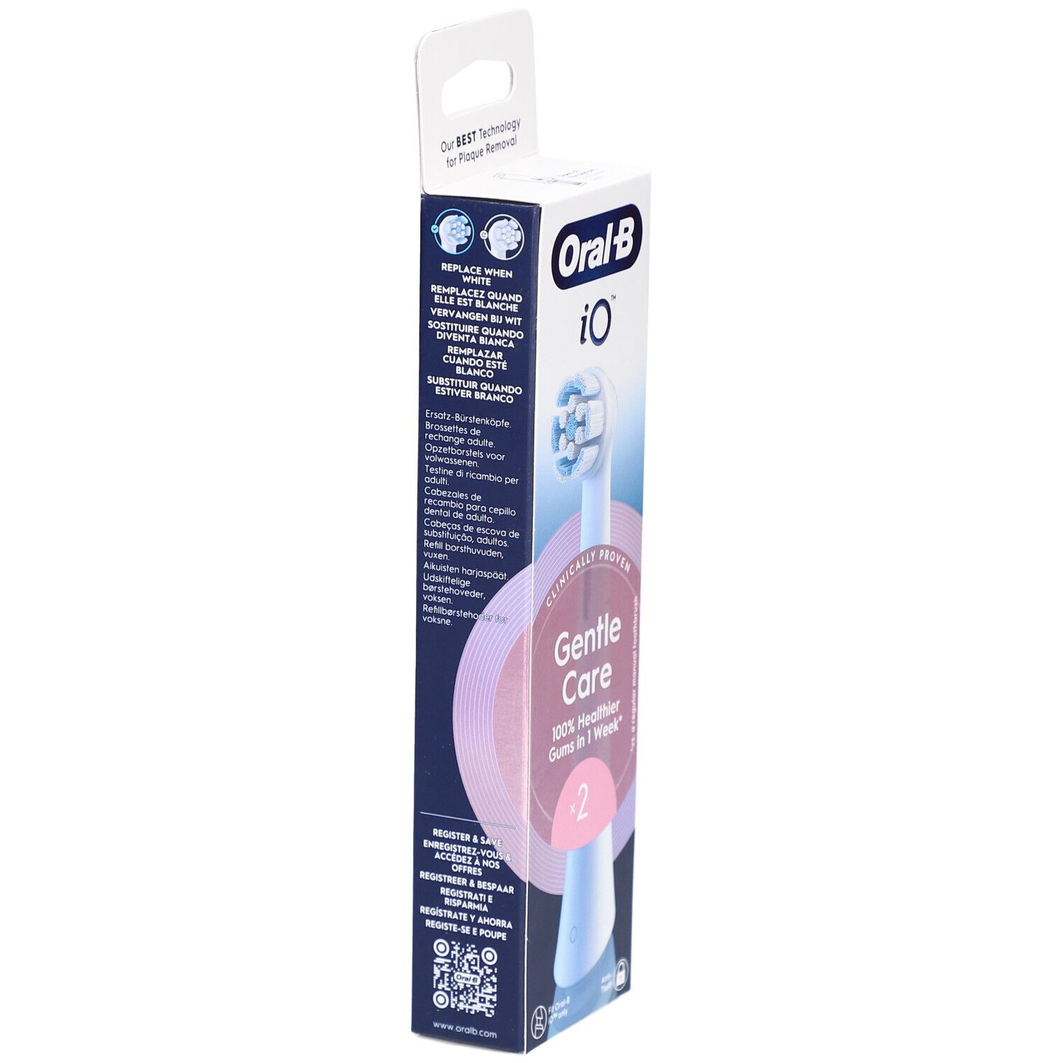 Confezione testina Oral-B iO Sanft Sauber Weiß 2. Vista laterale con informazioni sul prodotto e testo: Gentle Care, gengive più sane al 100% in 1 settimana.