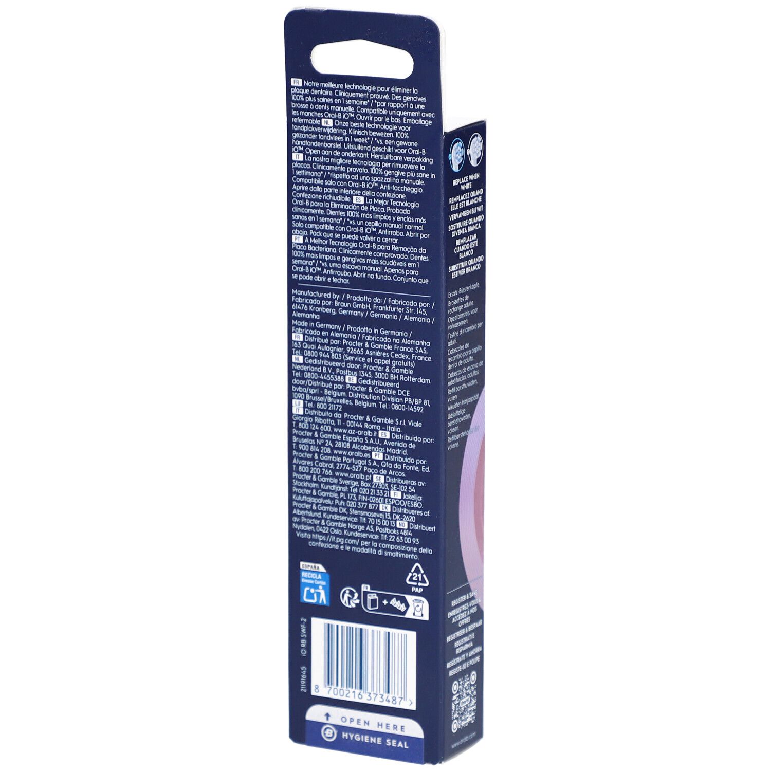 Retro della confezione testina Oral-B iO Sanft Sauber Weiß 2. Testo e codice a barre.