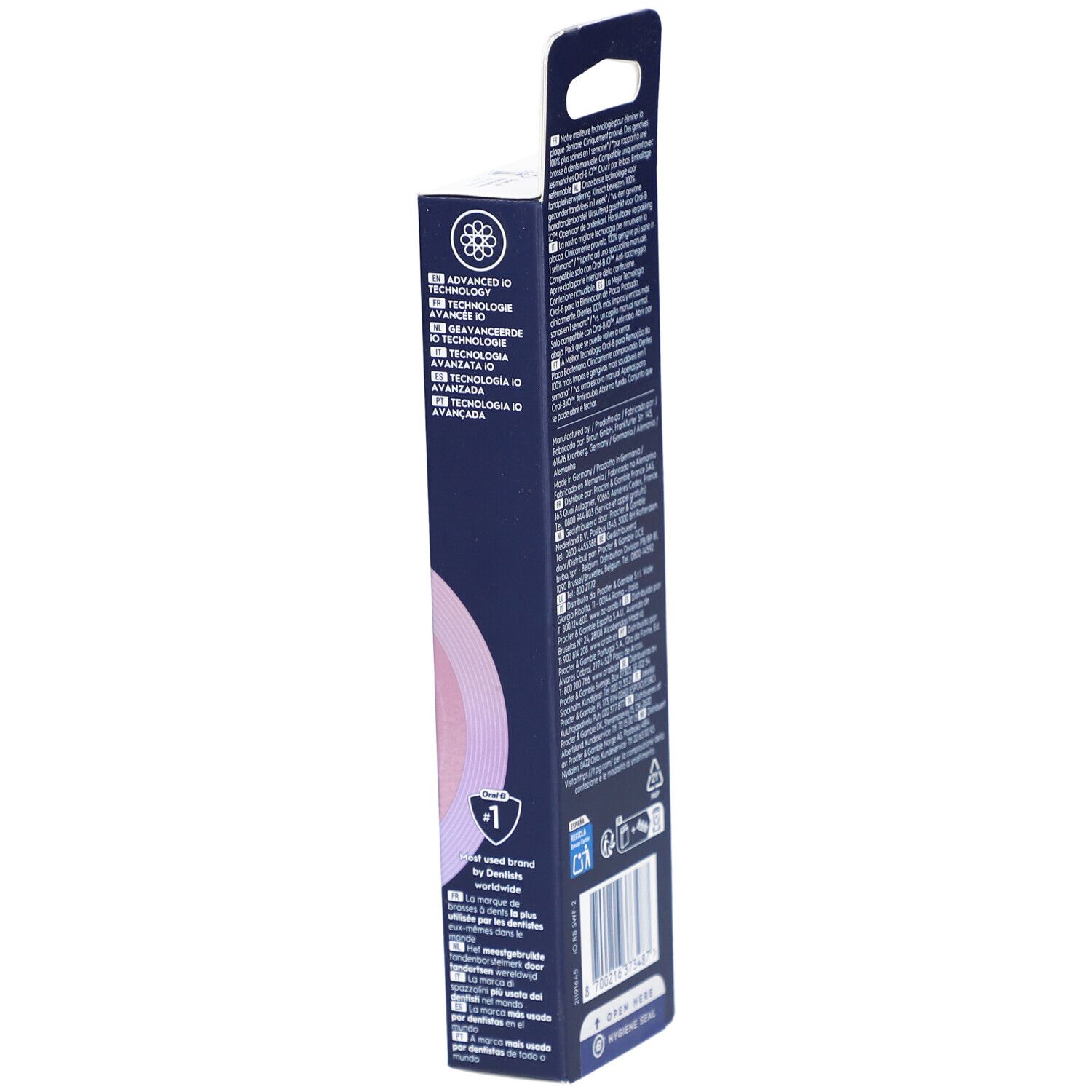 Lato della confezione testina Oral-B iO Sanft Sauber Weiß 2. Testo e pittogrammi.