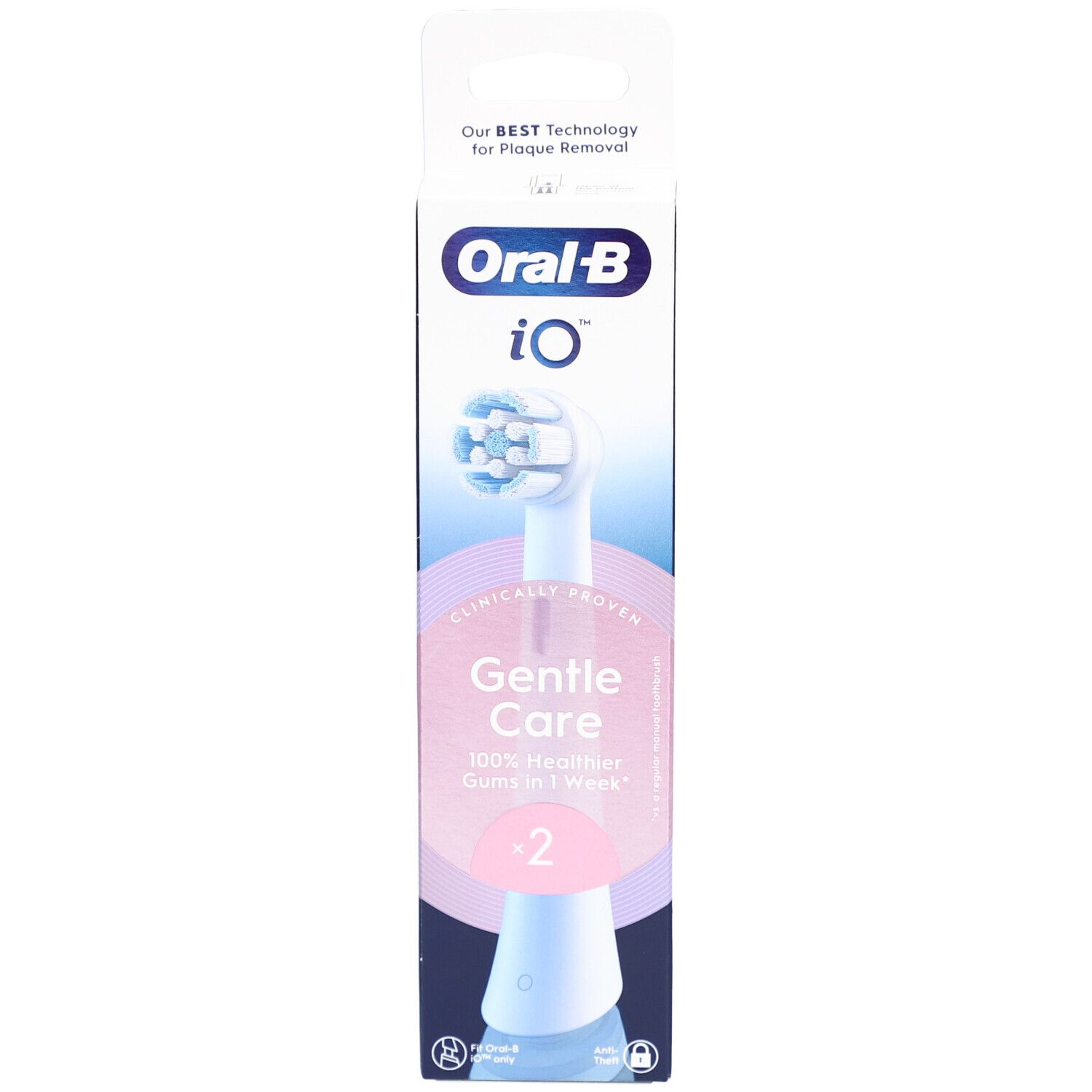Testina per spazzolino Oral-B iO Sanft Sauber Weiß 2. Confezione con immagine del prodotto e testo: Gentle Care, gengive più sane al 100% in 1 settimana.