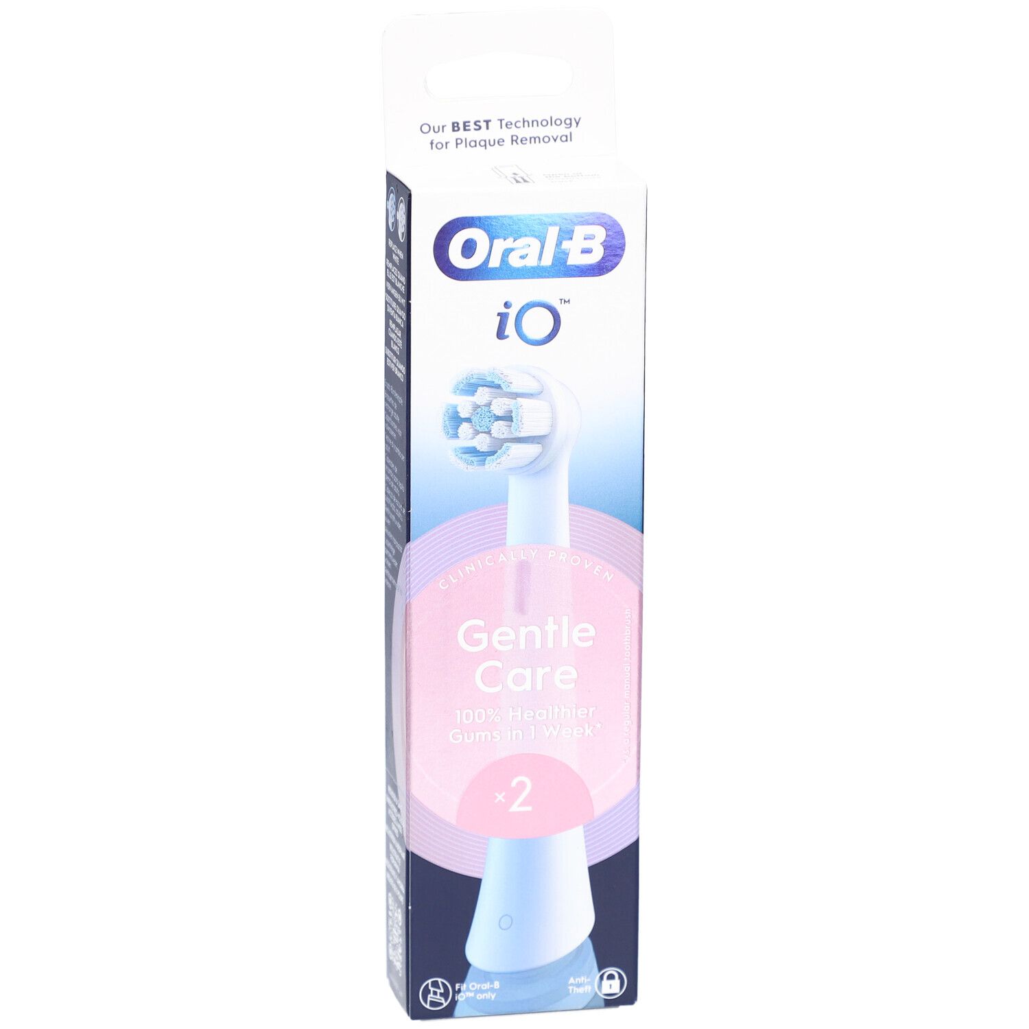 Testina per spazzolino Oral-B iO Sanft Sauber Weiß 2. Confezione con immagine del prodotto e testo: Gentle Care, gengive più sane al 100% in 1 settimana.