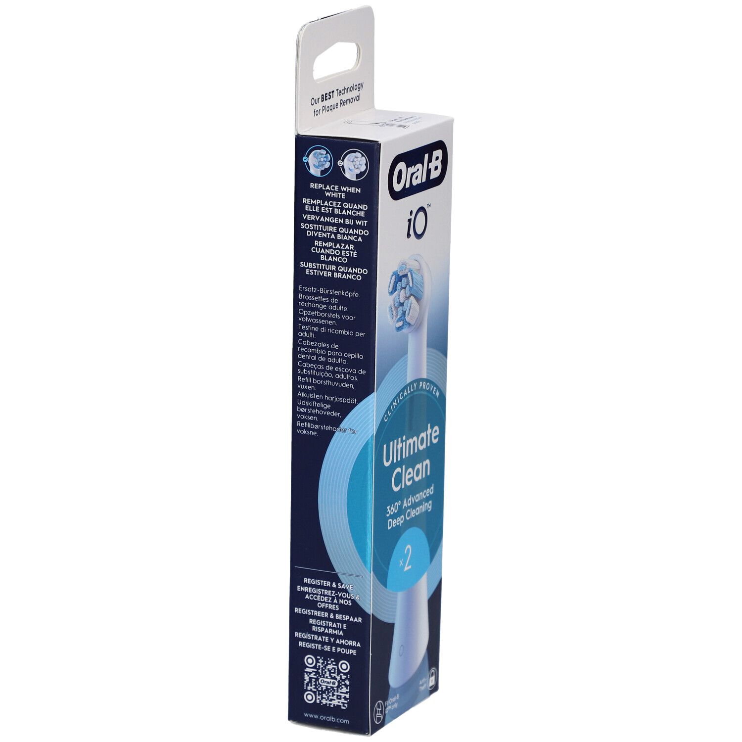 Confezione Oral-B iO Ultimate Clean 2. Testo e codice QR sul lato. Informazioni per l'uso.