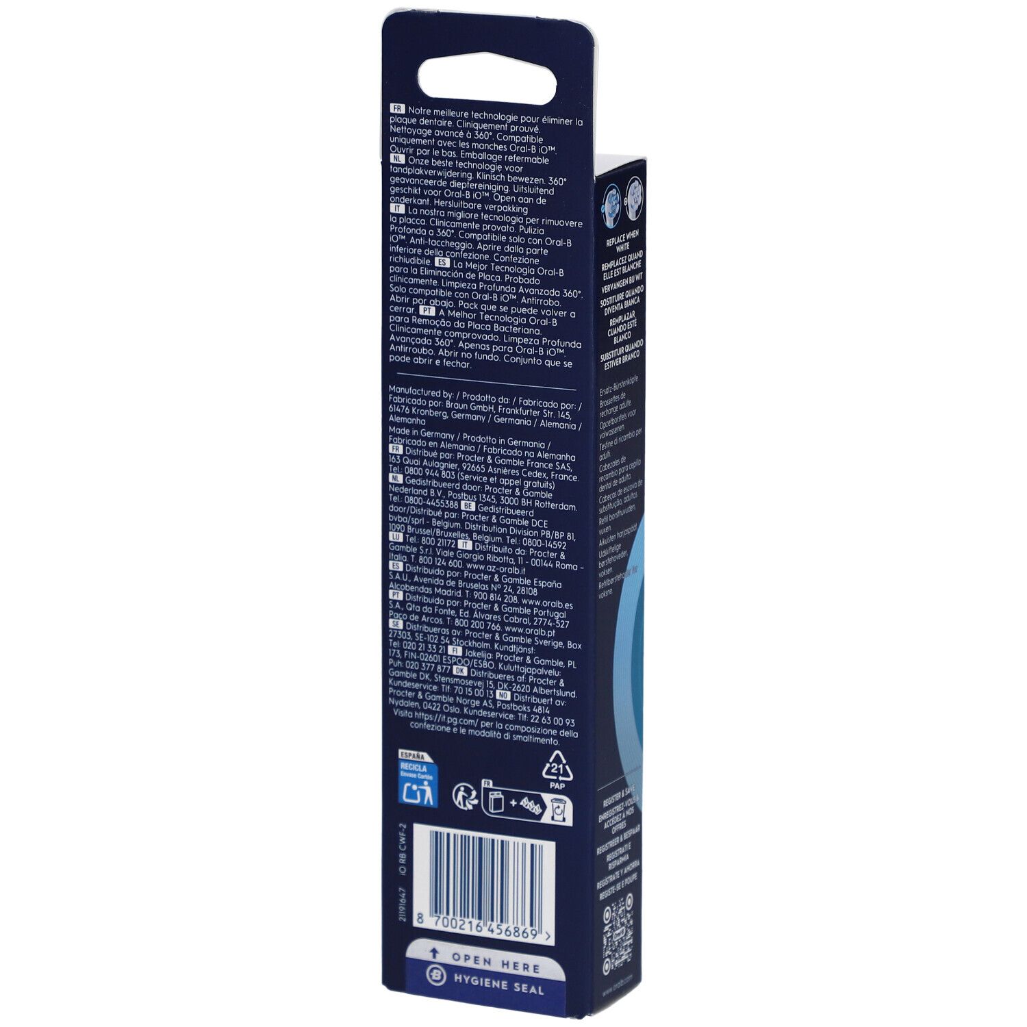 Retro della confezione Oral-B iO Ultimate Clean 2. Testo multilingue. Informazioni.