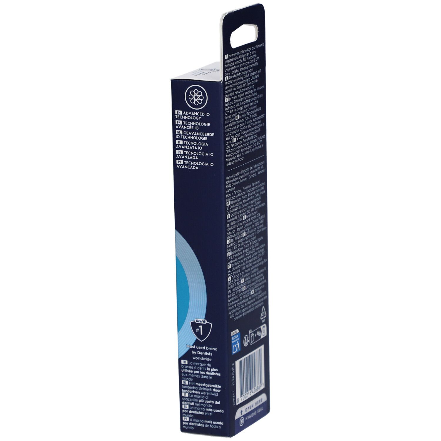Lato della confezione Oral-B iO Ultimate Clean 2. Testo multilingue. Informazioni.