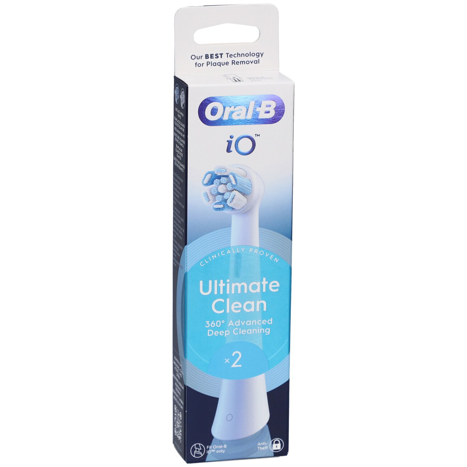 Testina Oral-B iO Ultimate Clean 2 in confezione. Clinicamente provato. Pulizia profonda 360° avanzata.