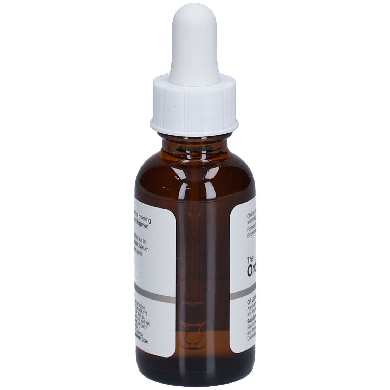 Flacone di vetro marrone con contagocce bianco. Etichetta con informazioni sul prodotto. Marca: The Ordinary. Siero GF 15% Solution.
