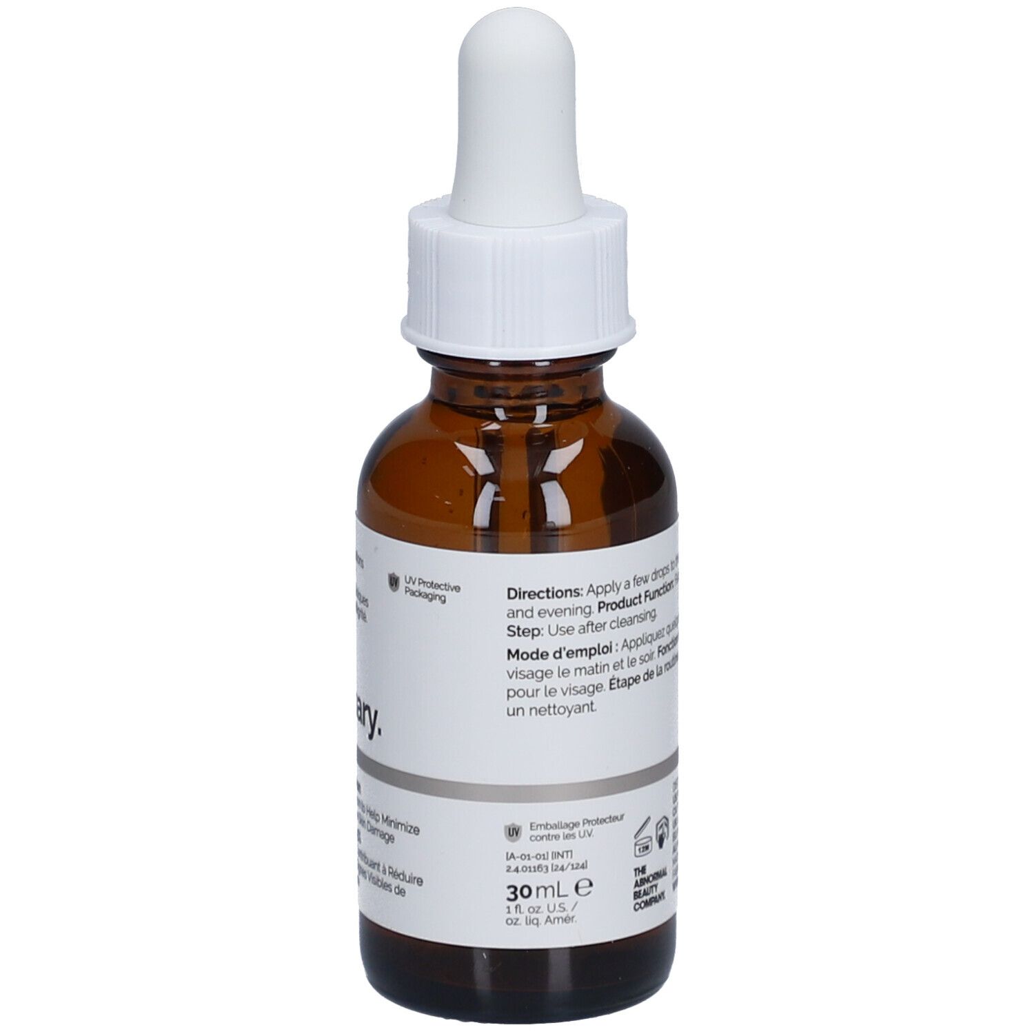 Flacone di vetro marrone con contagocce bianco. Etichetta con informazioni sul prodotto. Marca: The Ordinary. Siero GF 15% Solution.