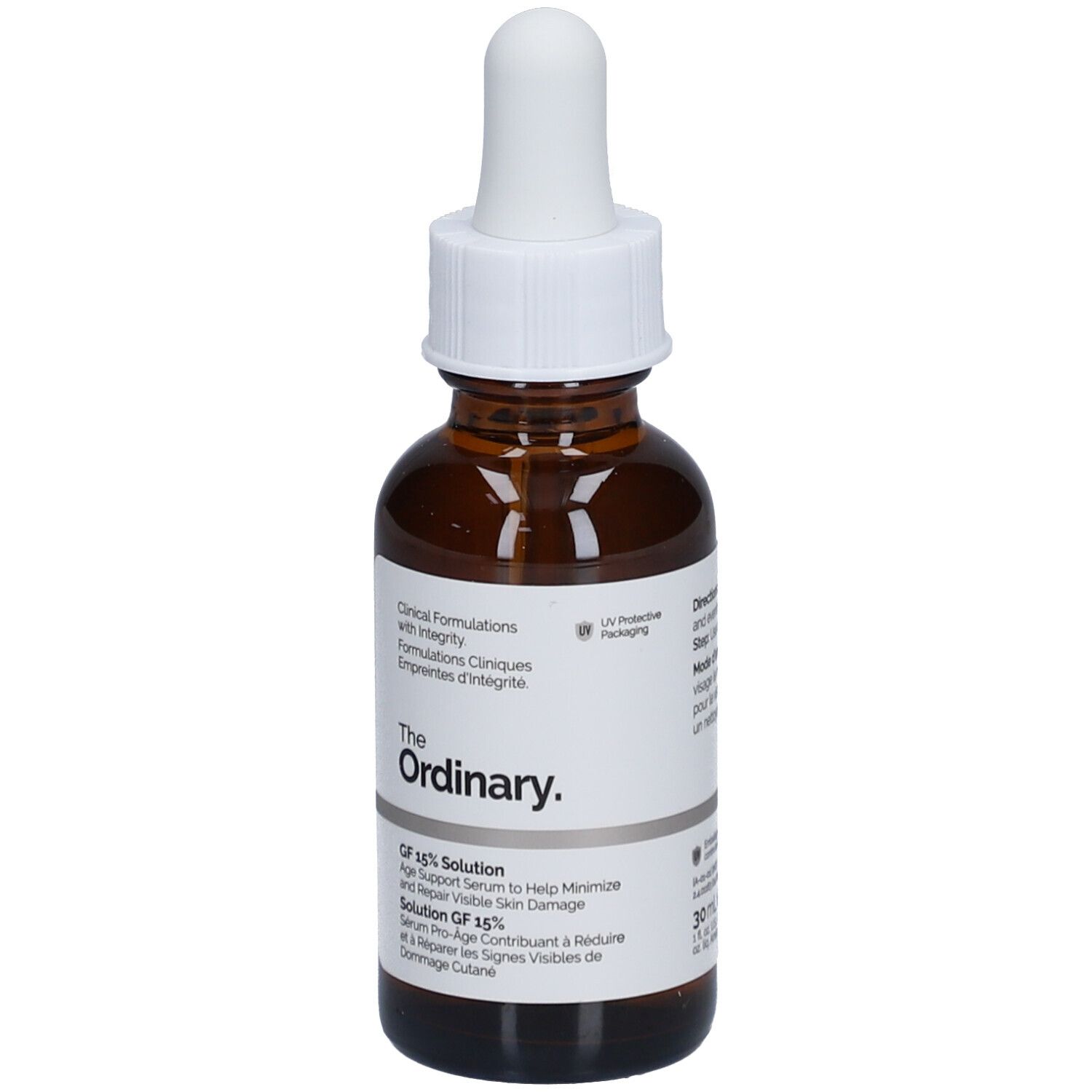 Flacone di vetro marrone con contagocce bianco. Etichetta con informazioni sul prodotto. Marca: The Ordinary. Siero GF 15% Solution.