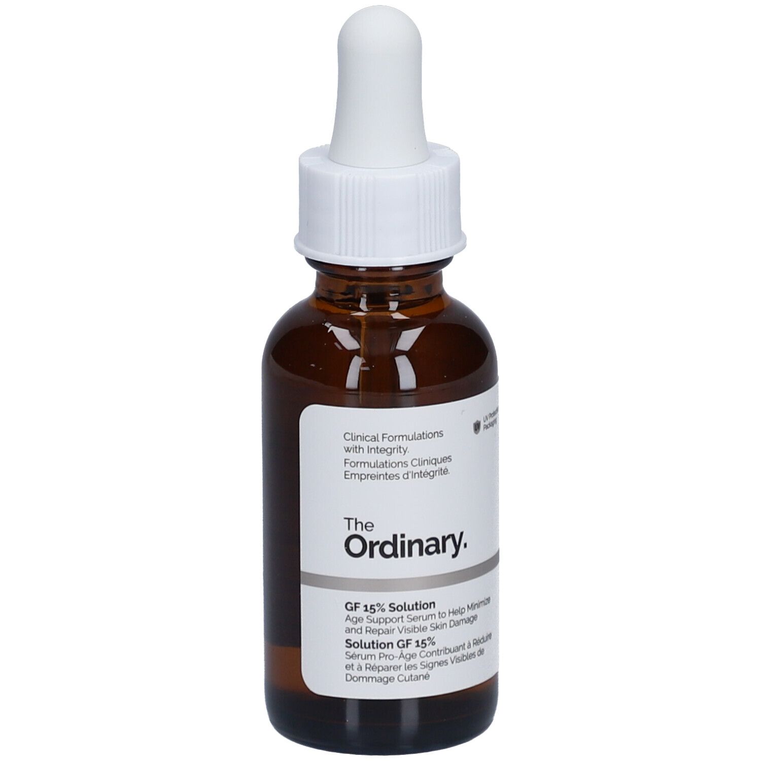 Flacone di vetro marrone con contagocce bianco. Etichetta con informazioni sul prodotto. Marca: The Ordinary. Siero GF 15% Solution.