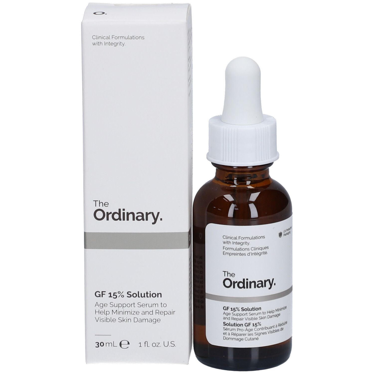 Flacone marrone con contagocce bianco e confezione. Marca: The Ordinary. Siero GF 15% Solution.