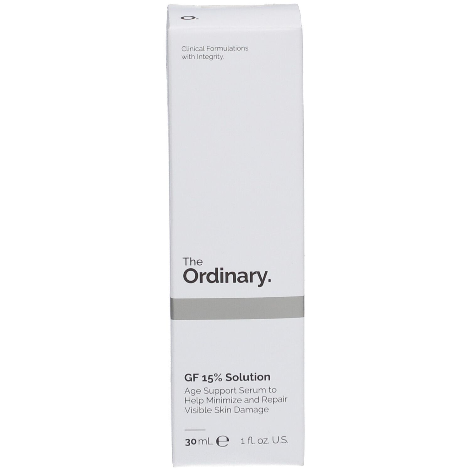 Confezione del prodotto. Marca: The Ordinary. Siero GF 15% Solution. Con informazioni.