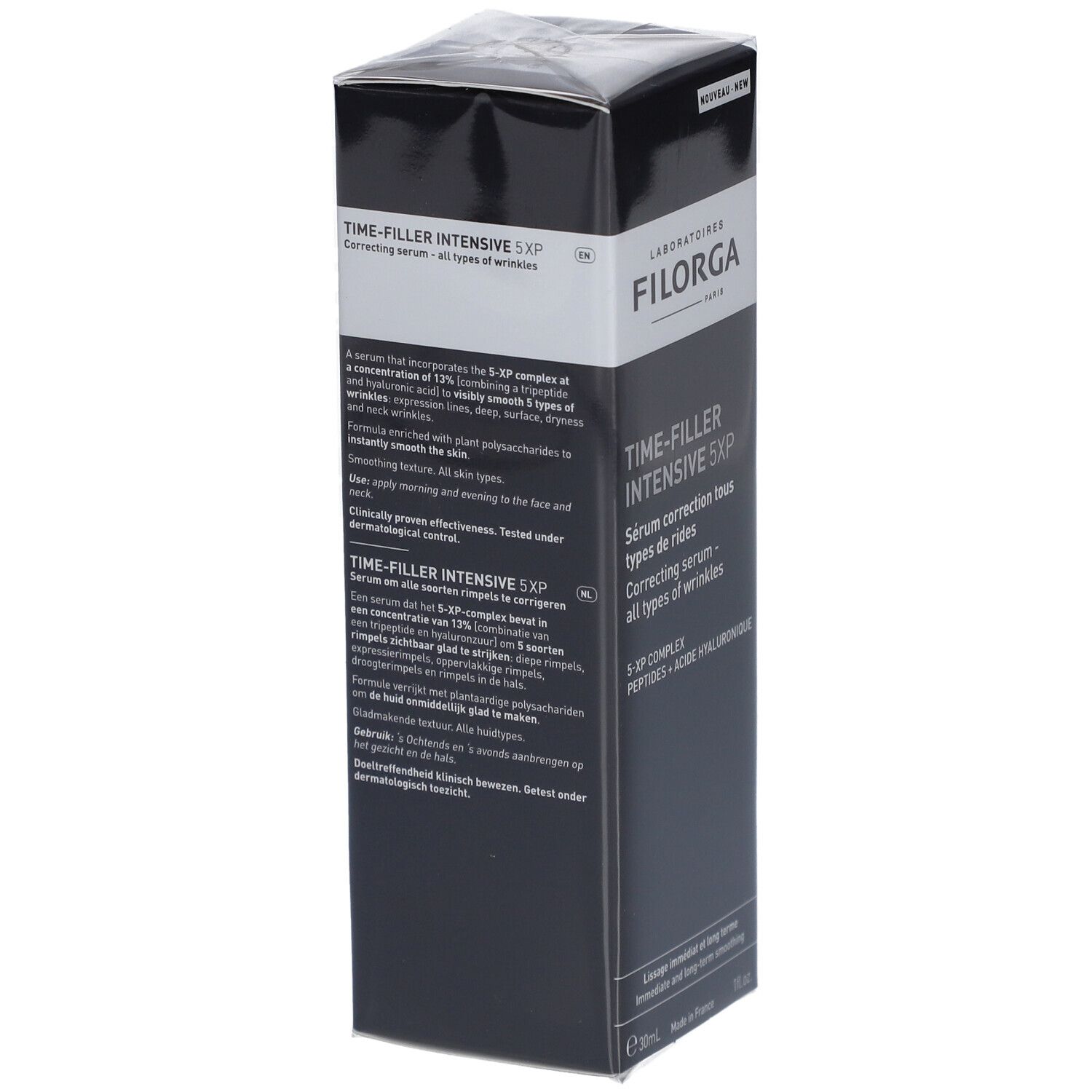 Confezione siero Filorga Time-Filler Intensive 5XP. Scatola nera con nome e dettagli.