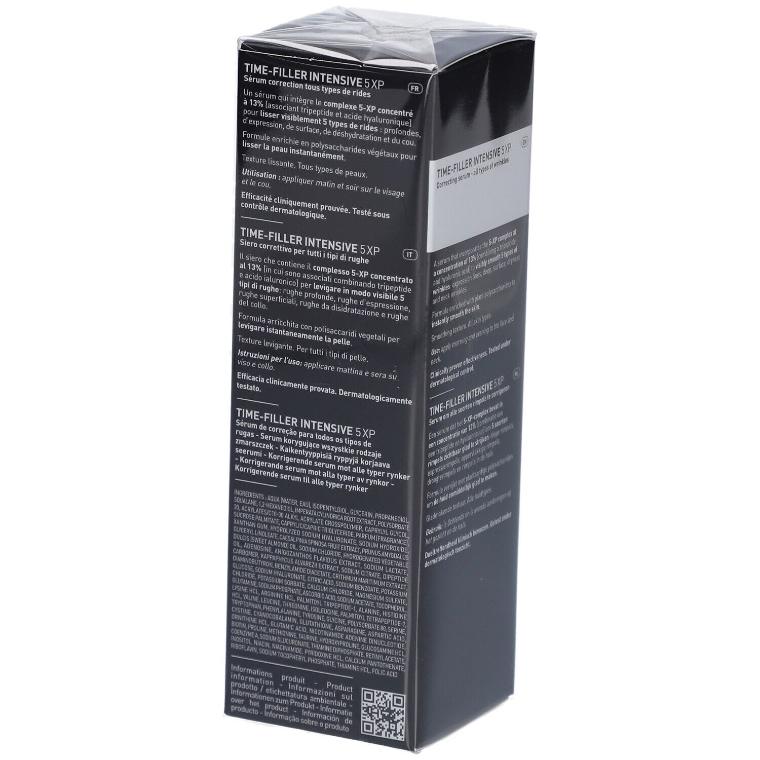 Confezione siero Filorga Time-Filler Intensive 5XP. Scatola nera con nome e dettagli.